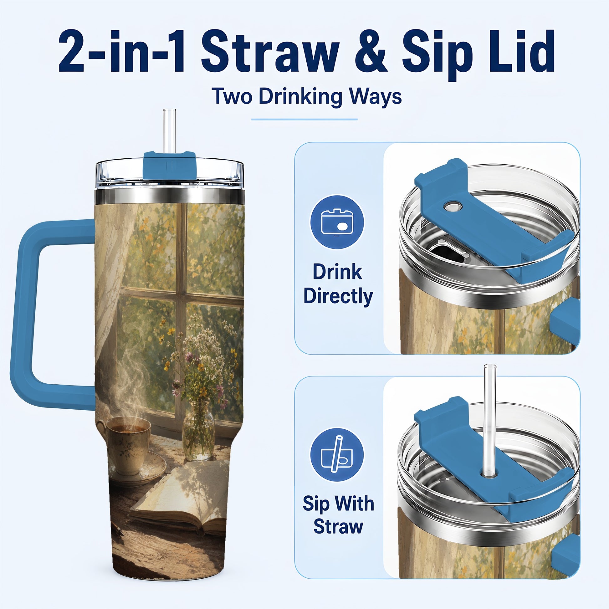 #pl[40oz|Blue] Cozy Reading Nook 40oz Tumbler with Handle, Book and Tea Art