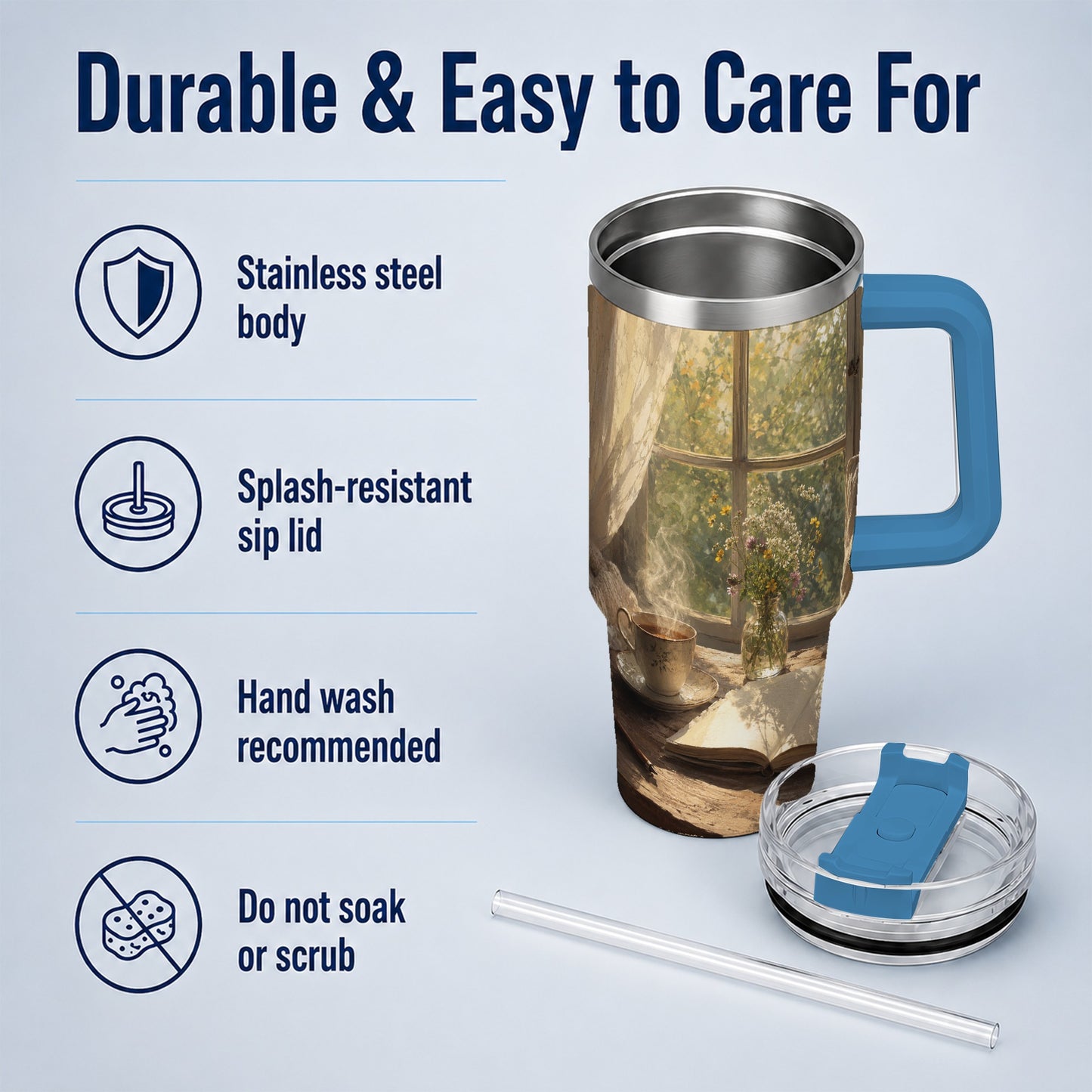 #pl[40oz|Blue] Cozy Reading Nook 40oz Tumbler with Handle, Book and Tea Art
