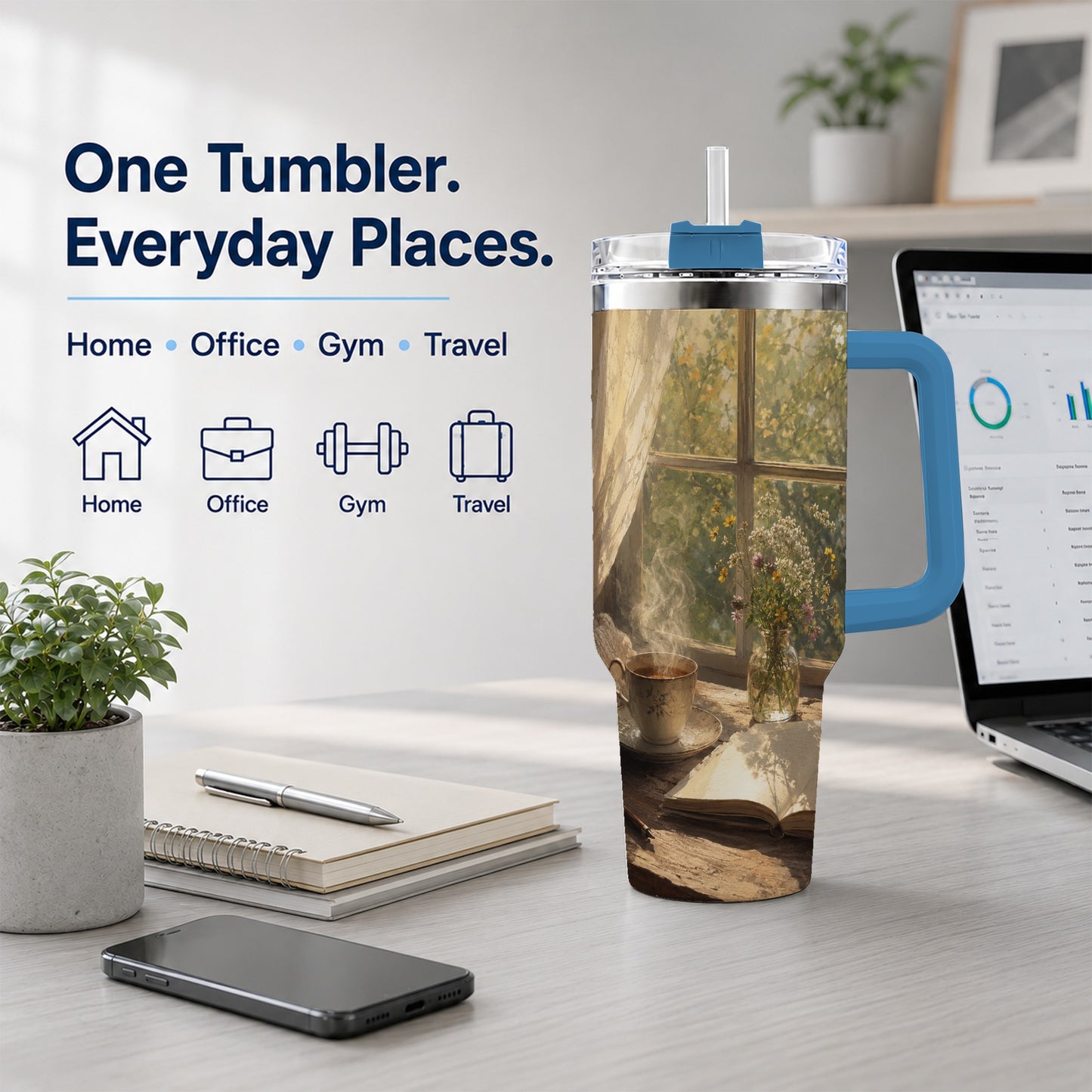 #pl[40oz|Blue] Cozy Reading Nook 40oz Tumbler with Handle, Book and Tea Art