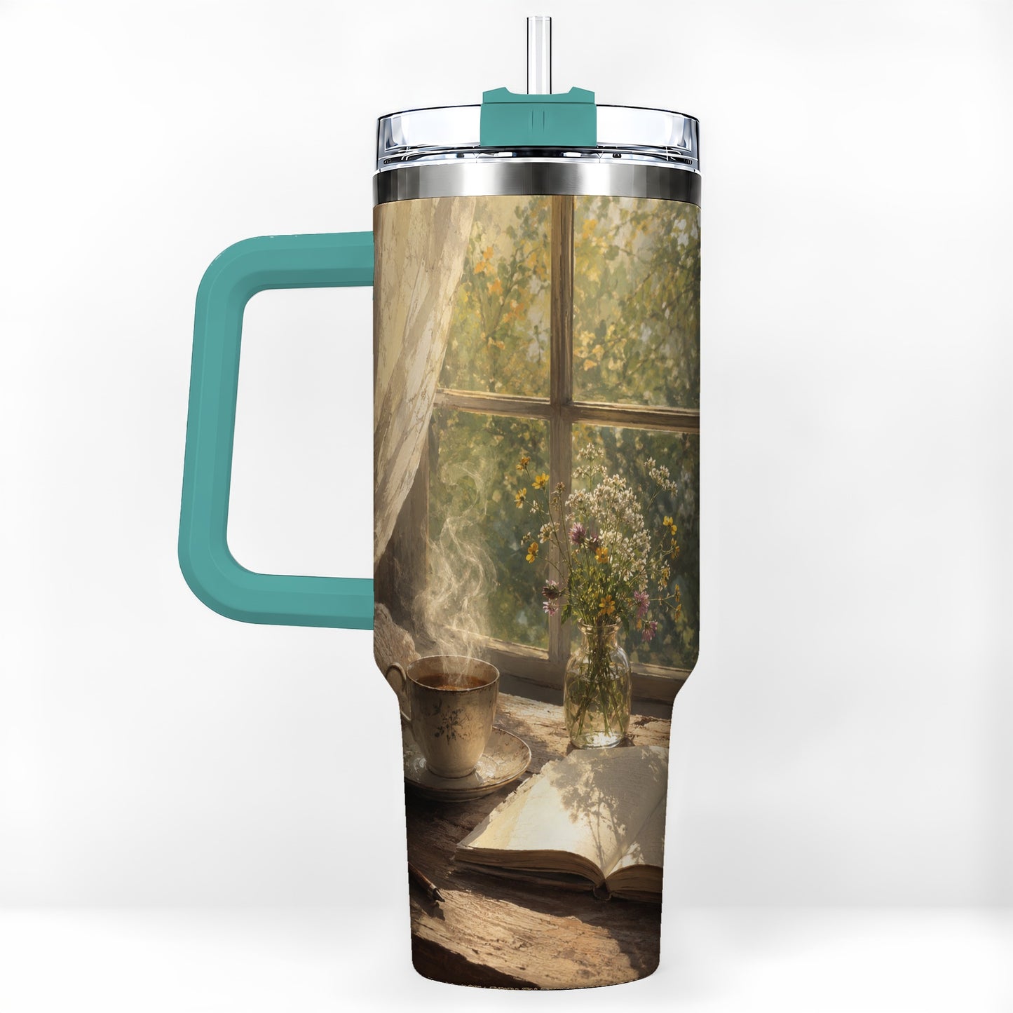 #pl[40oz|Green] Cozy Reading Nook 40oz Tumbler with Handle, Book and Tea Art