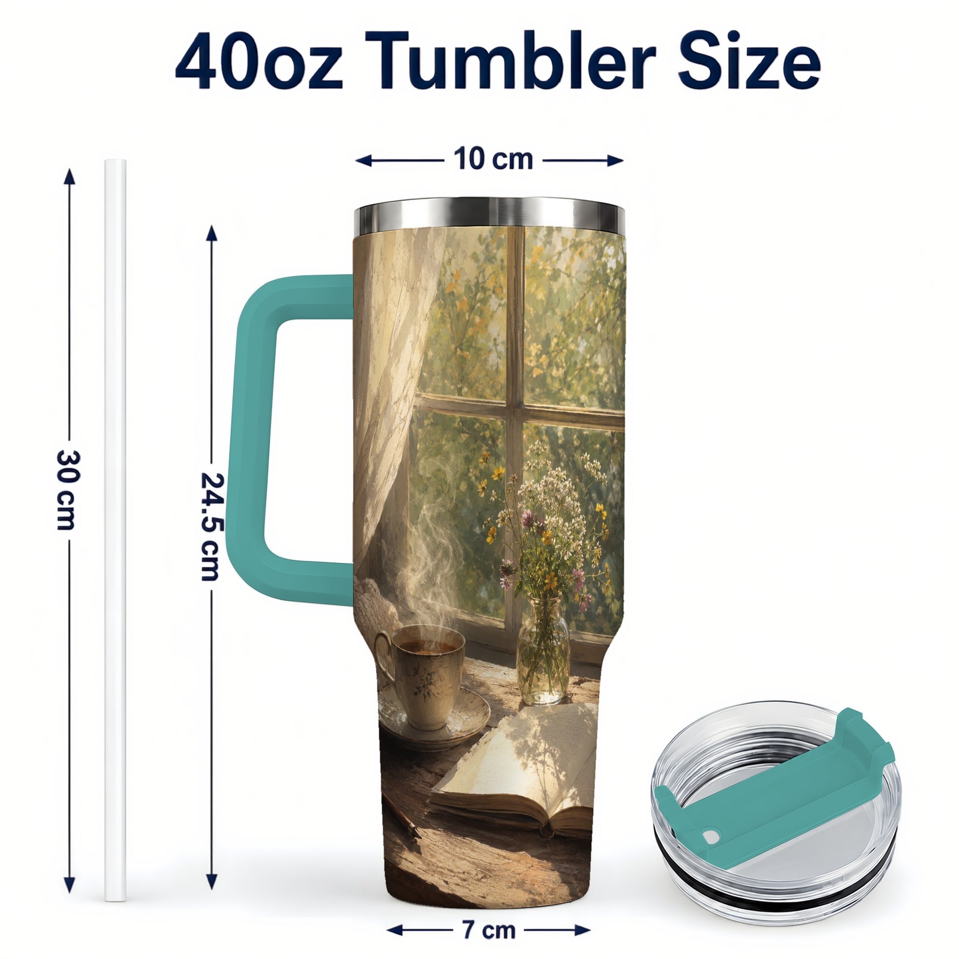 #pl[40oz|Green] Cozy Reading Nook 40oz Tumbler with Handle, Book and Tea Art