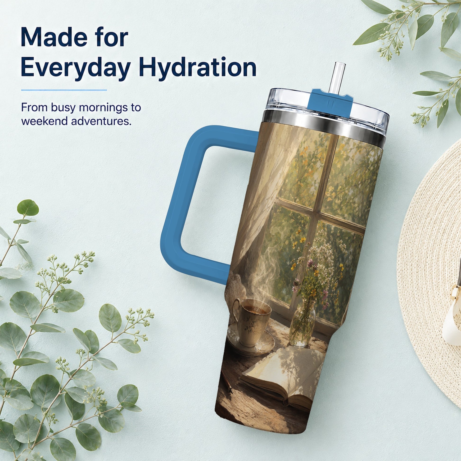 #pl[40oz|Blue] Cozy Reading Nook 40oz Tumbler with Handle, Book and Tea Art