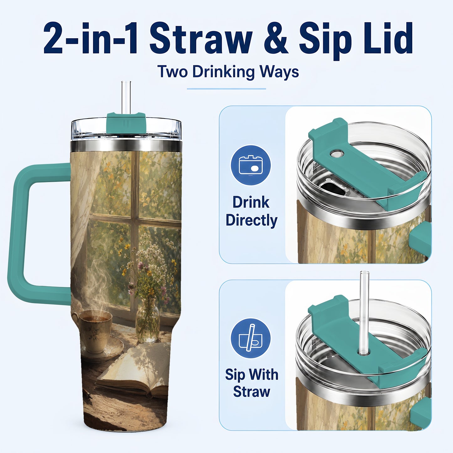 #pl[40oz|Green] Cozy Reading Nook 40oz Tumbler with Handle, Book and Tea Art