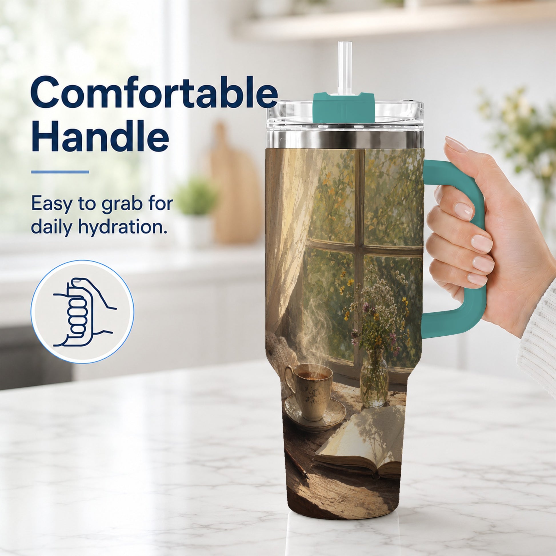 #pl[40oz|Green] Cozy Reading Nook 40oz Tumbler with Handle, Book and Tea Art