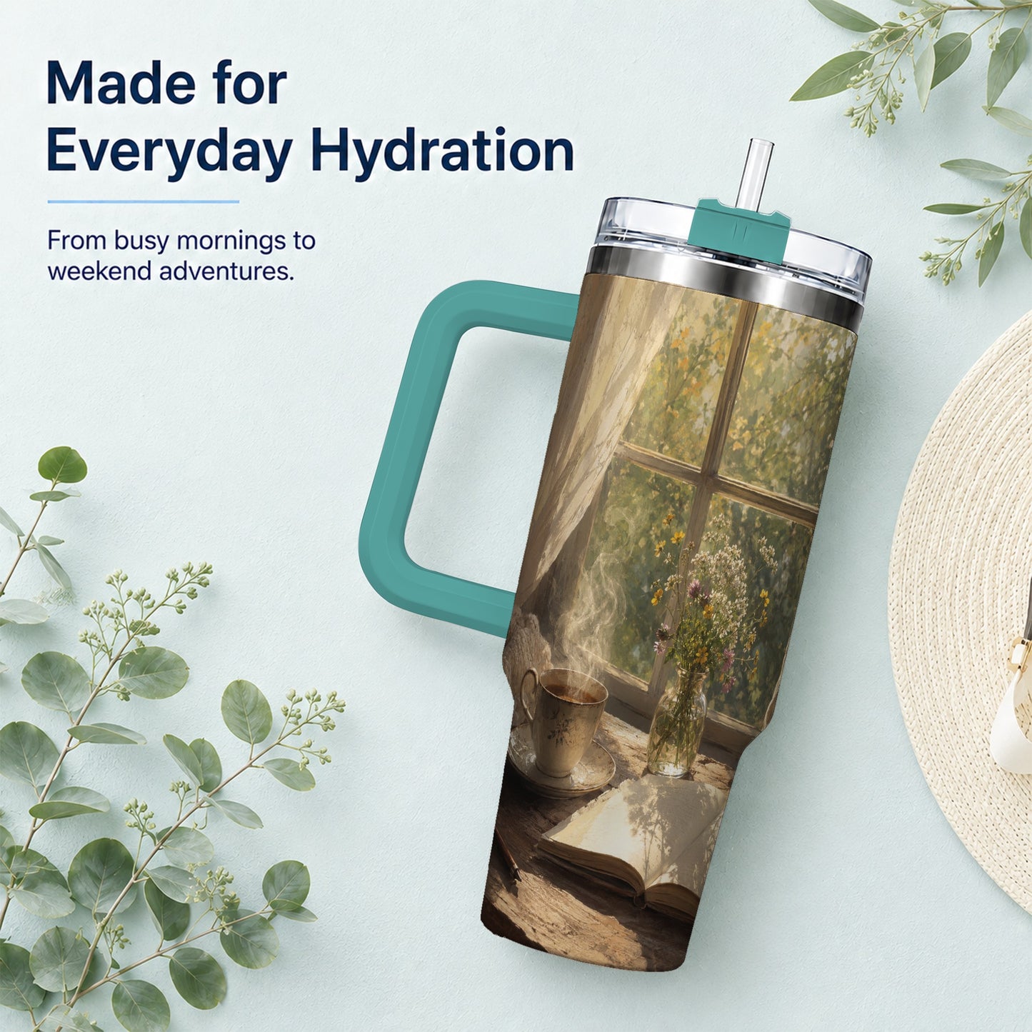 #pl[40oz|Green] Cozy Reading Nook 40oz Tumbler with Handle, Book and Tea Art
