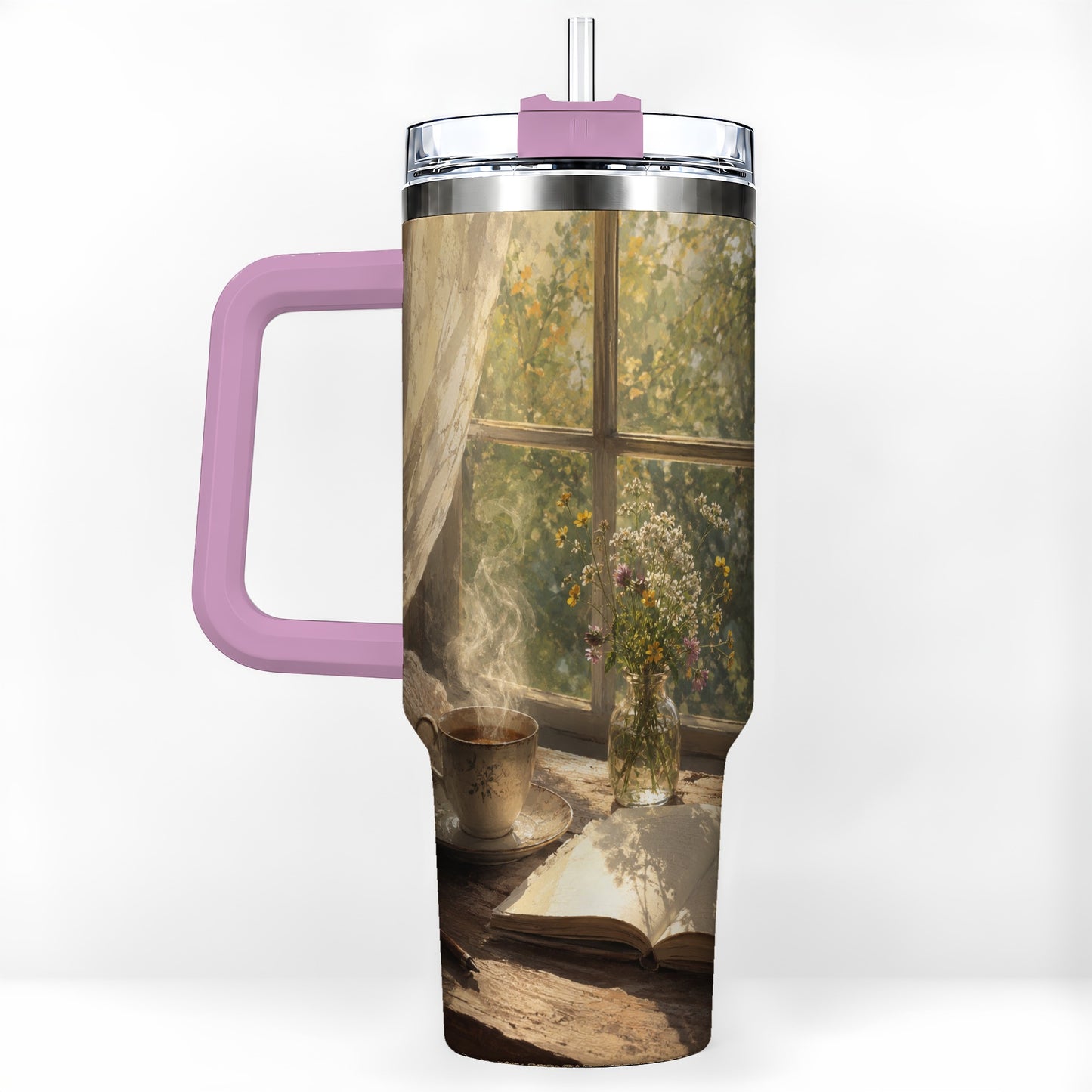 #pl[40oz|Pink] Cozy Reading Nook 40oz Tumbler with Handle, Book and Tea Art