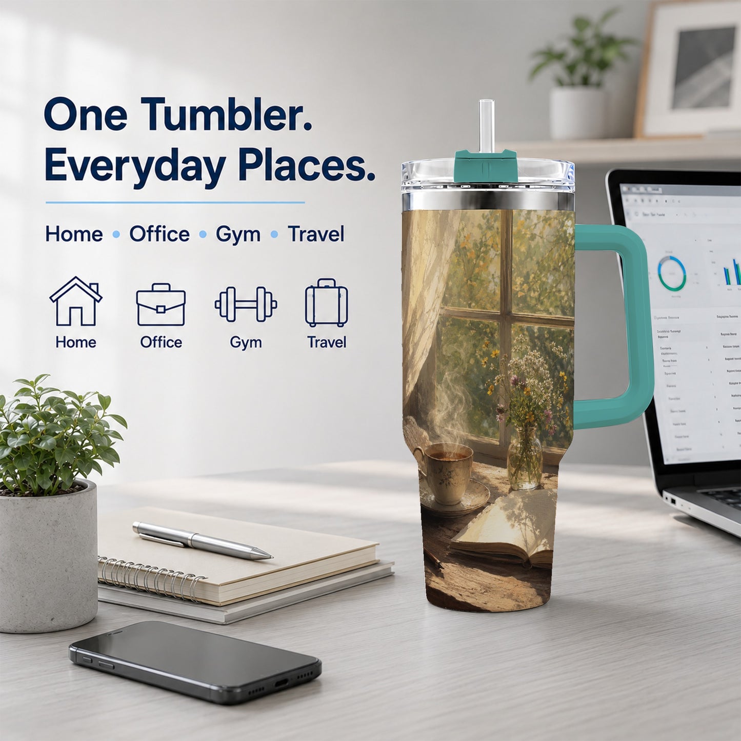 #pl[40oz|Green] Cozy Reading Nook 40oz Tumbler with Handle, Book and Tea Art