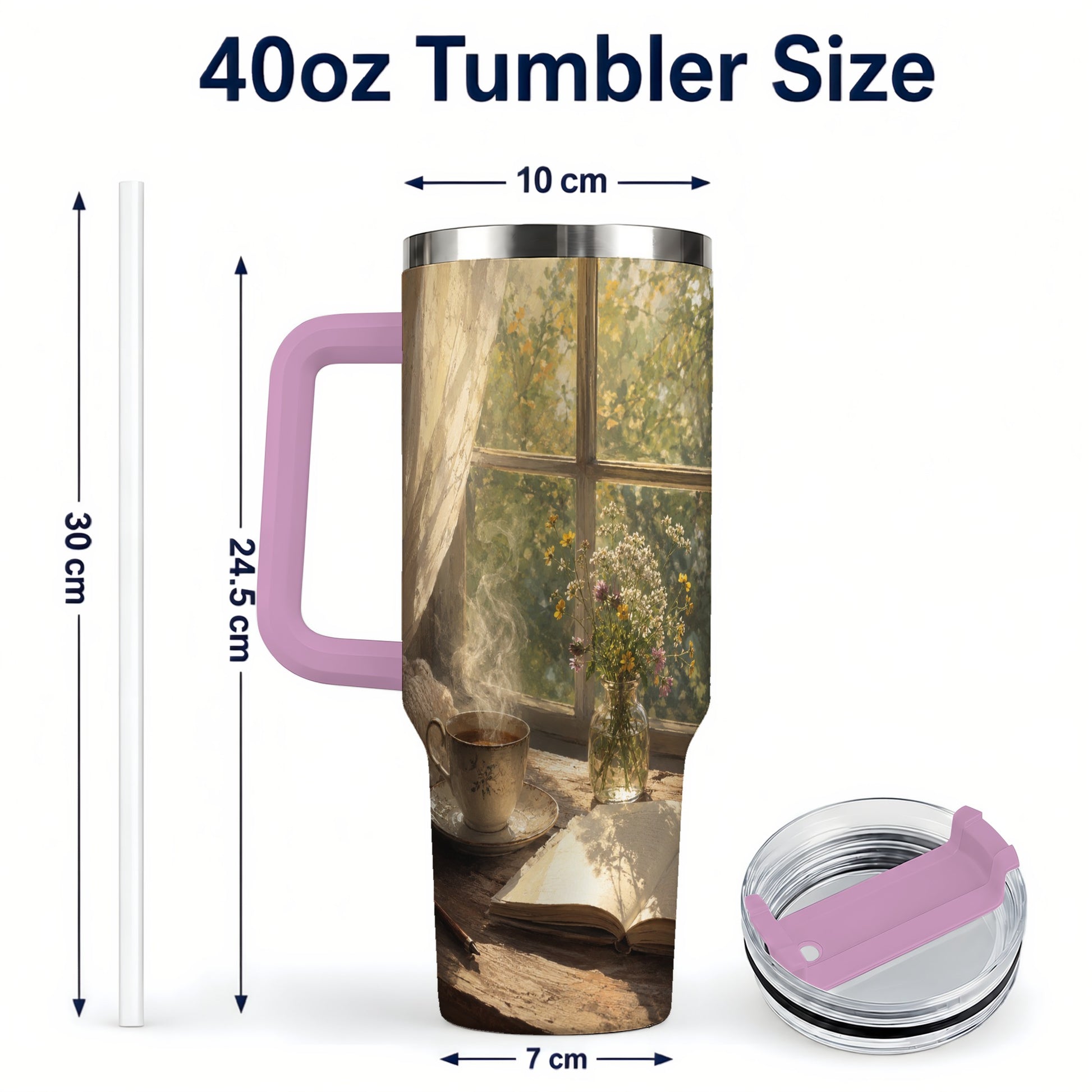 #pl[40oz|Pink] Cozy Reading Nook 40oz Tumbler with Handle, Book and Tea Art