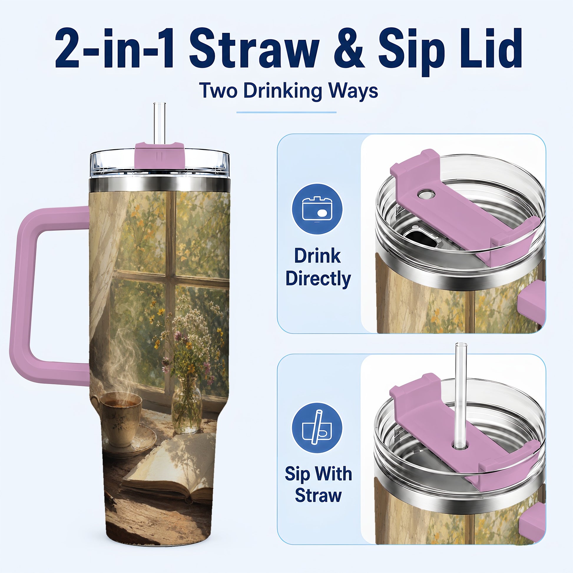 #pl[40oz|Pink] Cozy Reading Nook 40oz Tumbler with Handle, Book and Tea Art