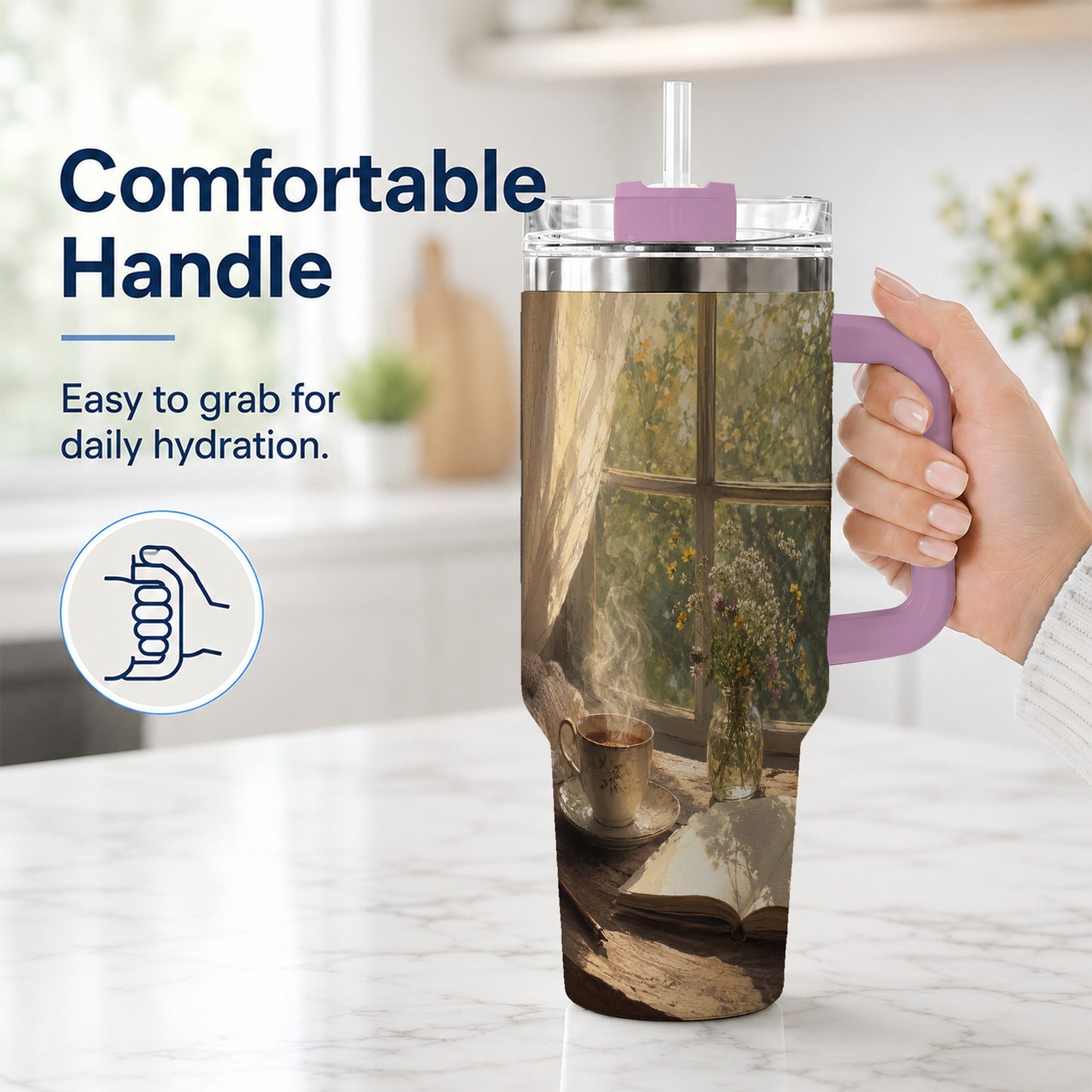 #pl[40oz|Pink] Cozy Reading Nook 40oz Tumbler with Handle, Book and Tea Art