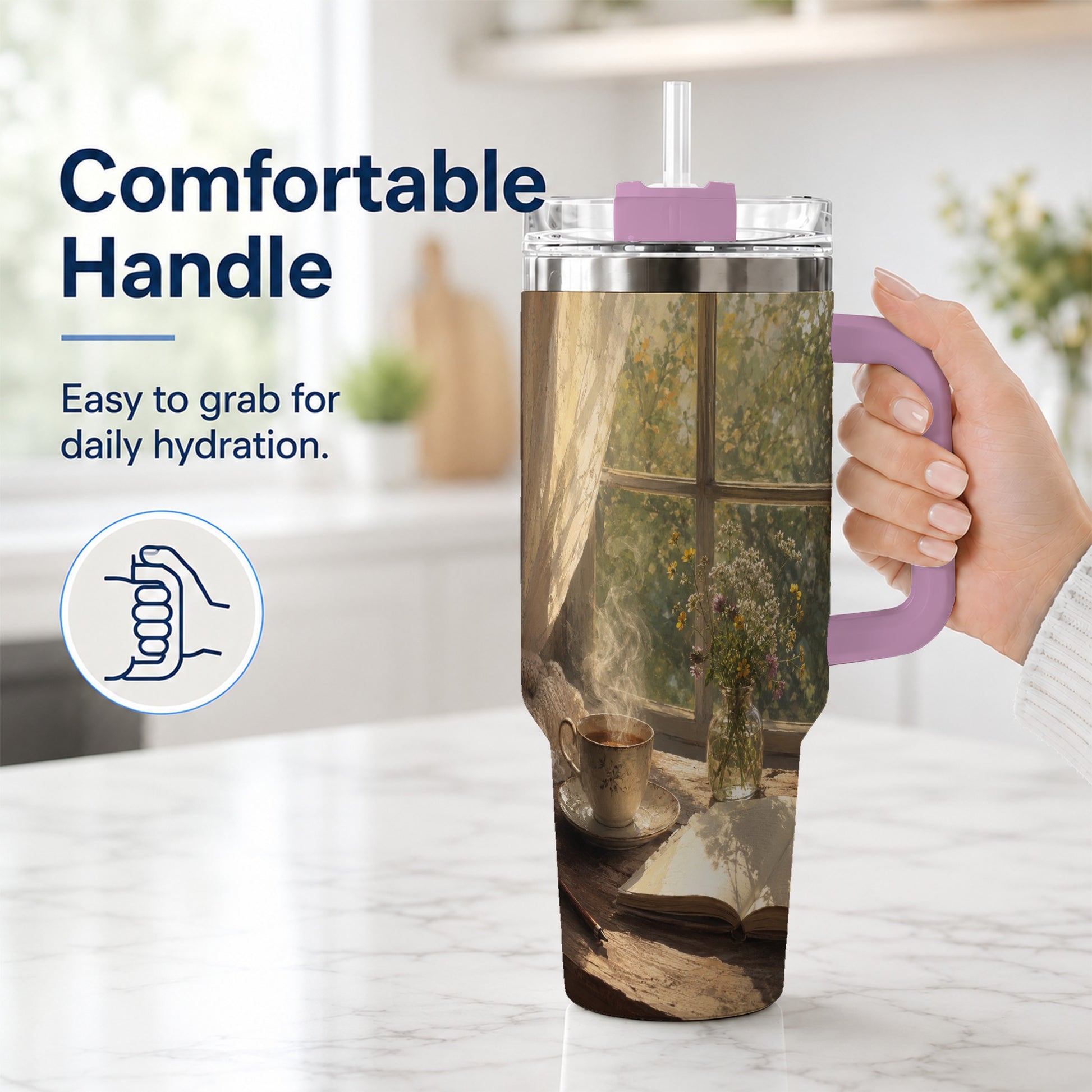 #pl[40oz|Pink] Cozy Reading Nook 40oz Tumbler with Handle, Book and Tea Art