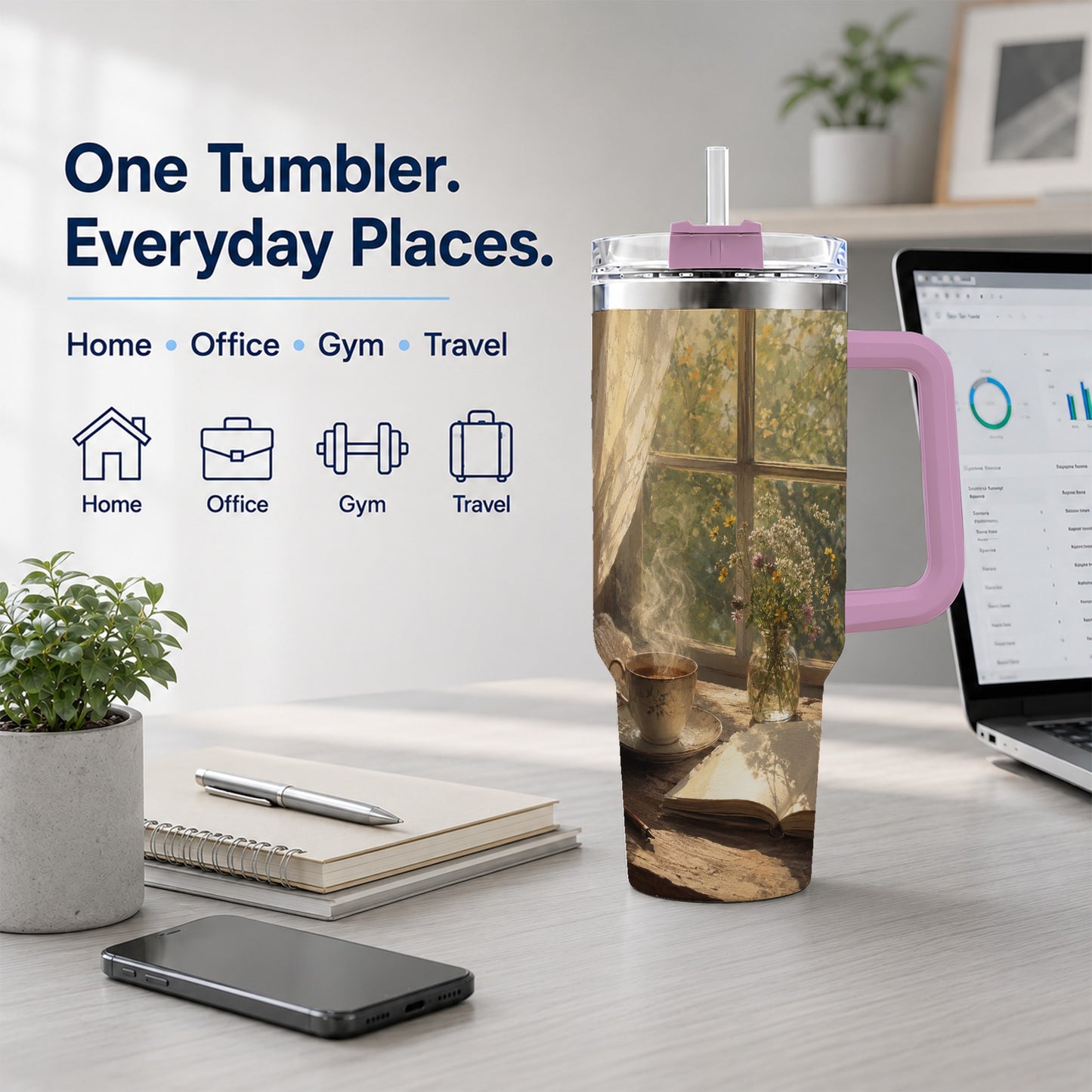 #pl[40oz|Pink] Cozy Reading Nook 40oz Tumbler with Handle, Book and Tea Art