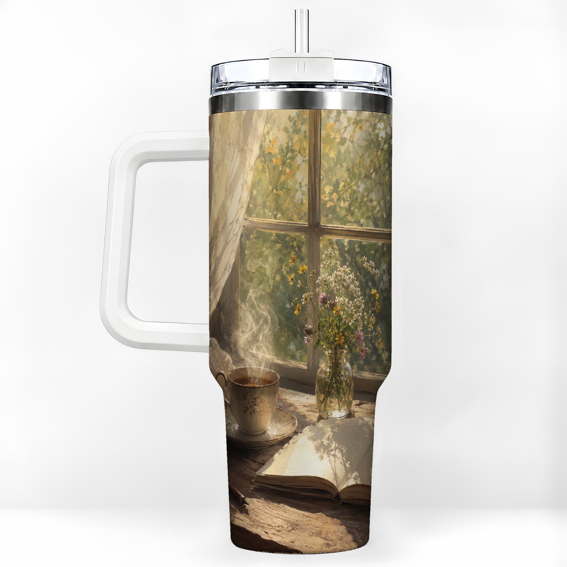 Cozy Reading Nook 40oz Tumbler with Handle, Book and Tea Art