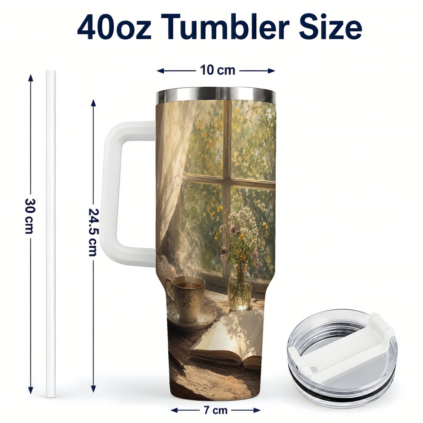 #pl[40oz|White] Cozy Reading Nook 40oz Tumbler with Handle, Book and Tea Art