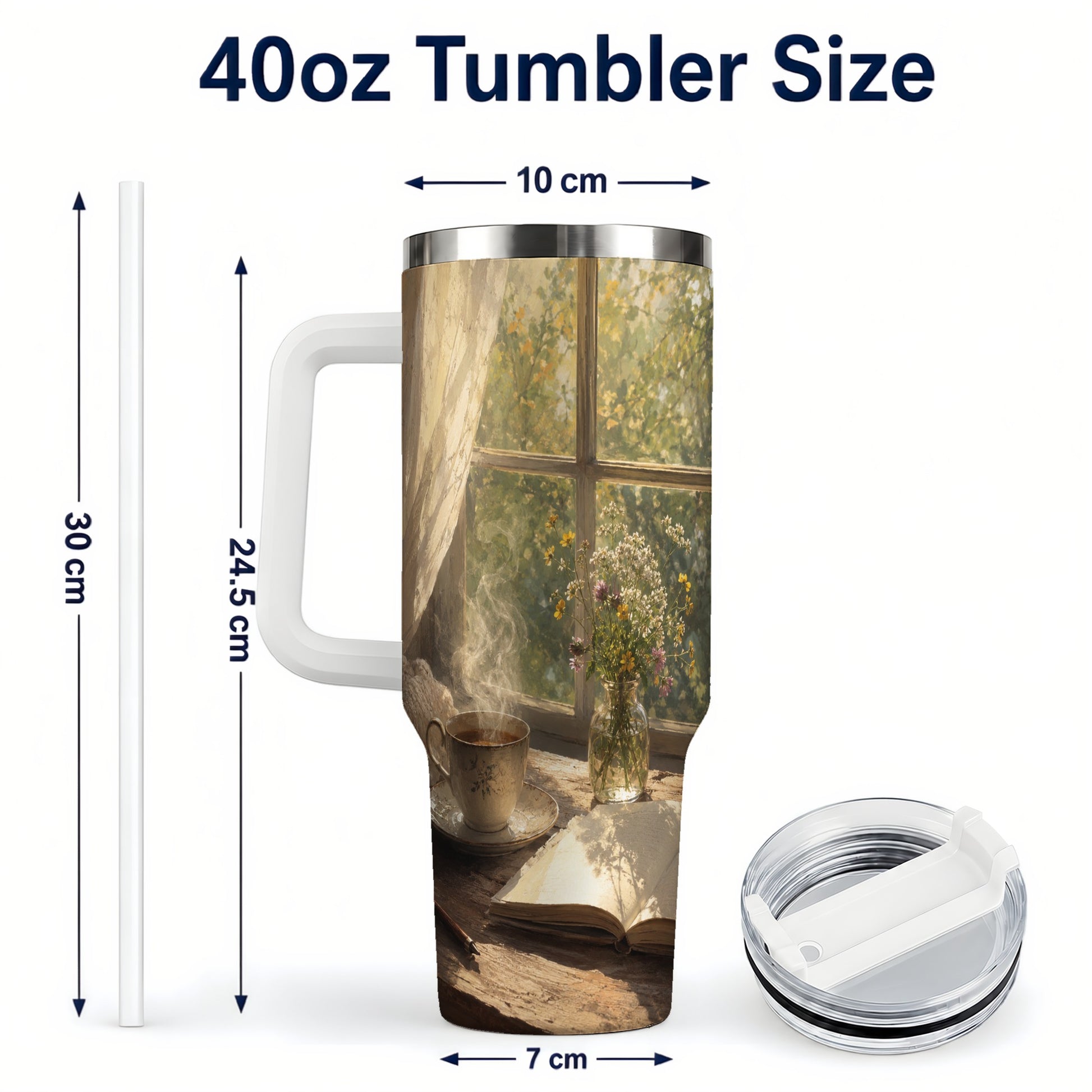 #pl[40oz|White] Cozy Reading Nook 40oz Tumbler with Handle, Book and Tea Art