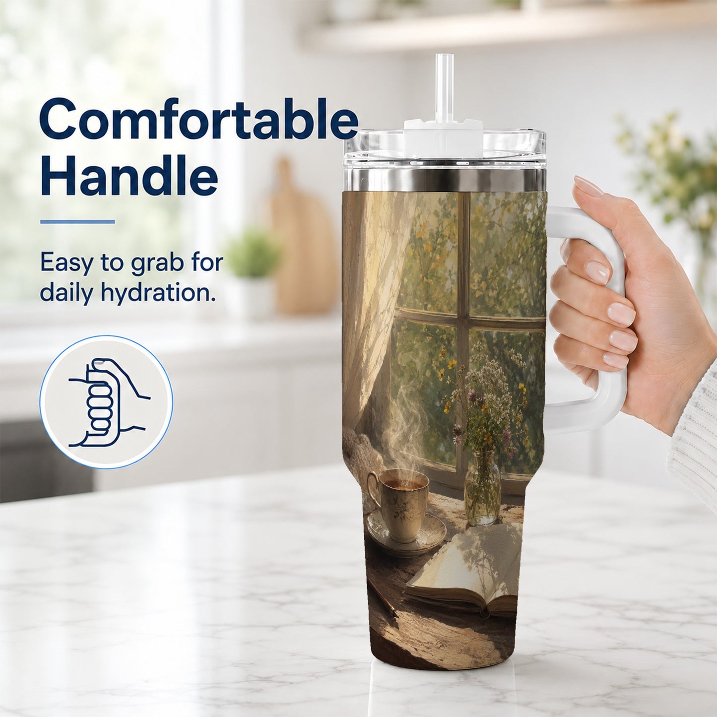 #pl[40oz|White] Cozy Reading Nook 40oz Tumbler with Handle, Book and Tea Art