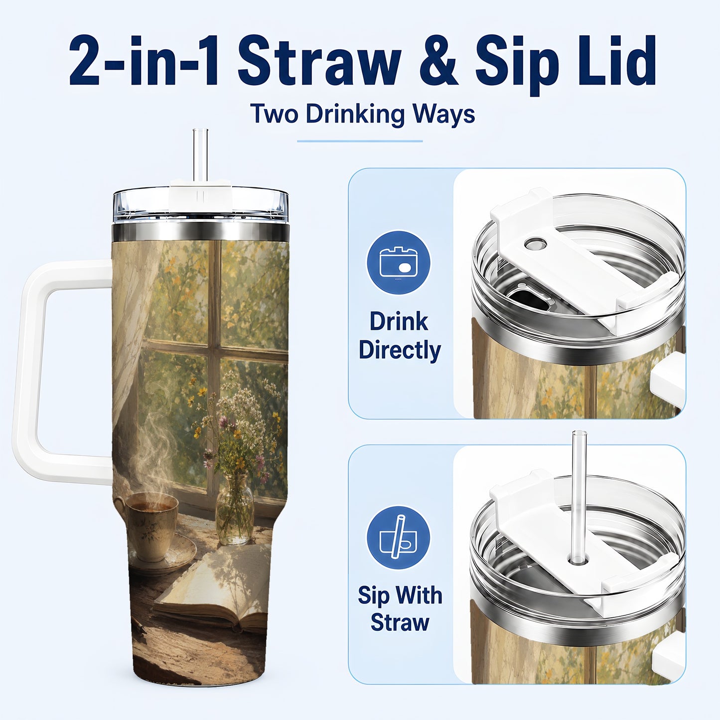 #pl[40oz|White] Cozy Reading Nook 40oz Tumbler with Handle, Book and Tea Art