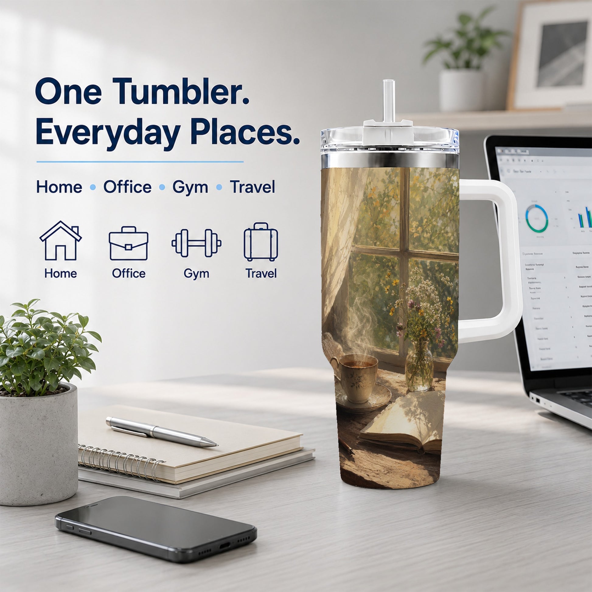 #pl[40oz|White] Cozy Reading Nook 40oz Tumbler with Handle, Book and Tea Art