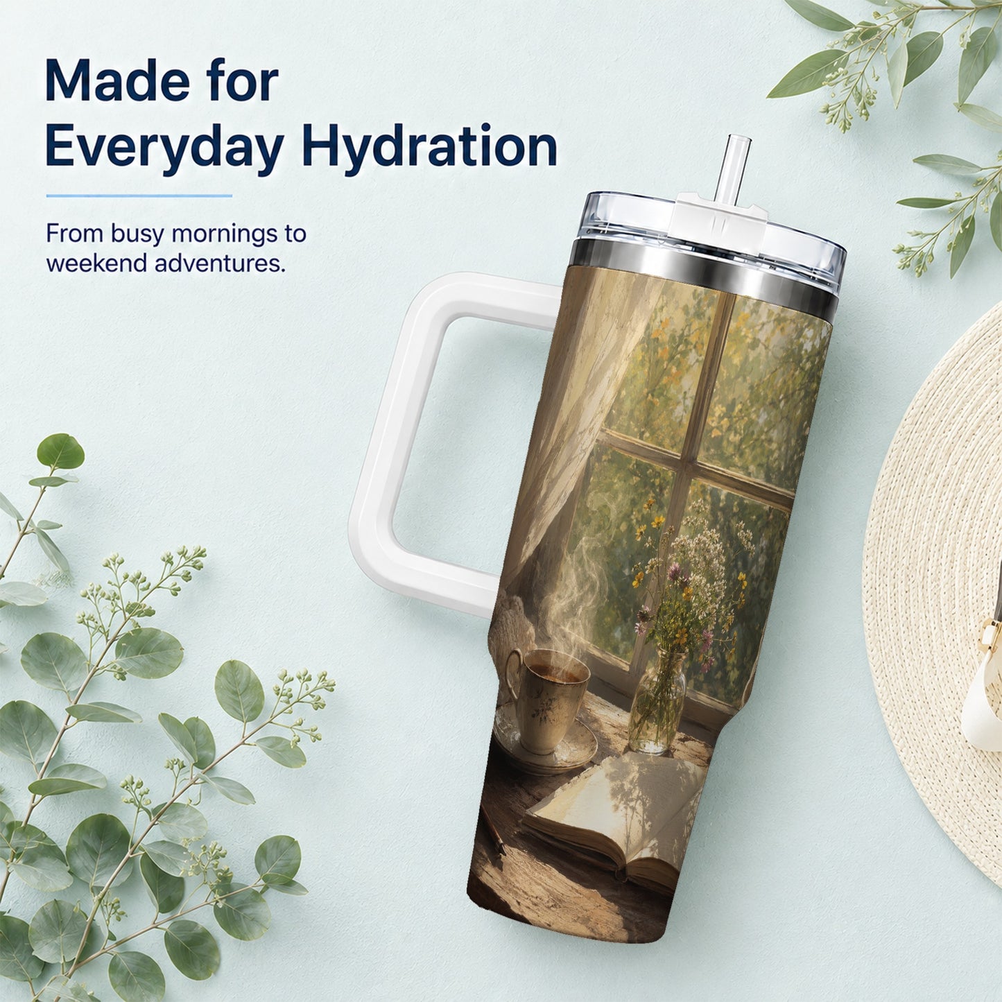#pl[40oz|White] Cozy Reading Nook 40oz Tumbler with Handle, Book and Tea Art