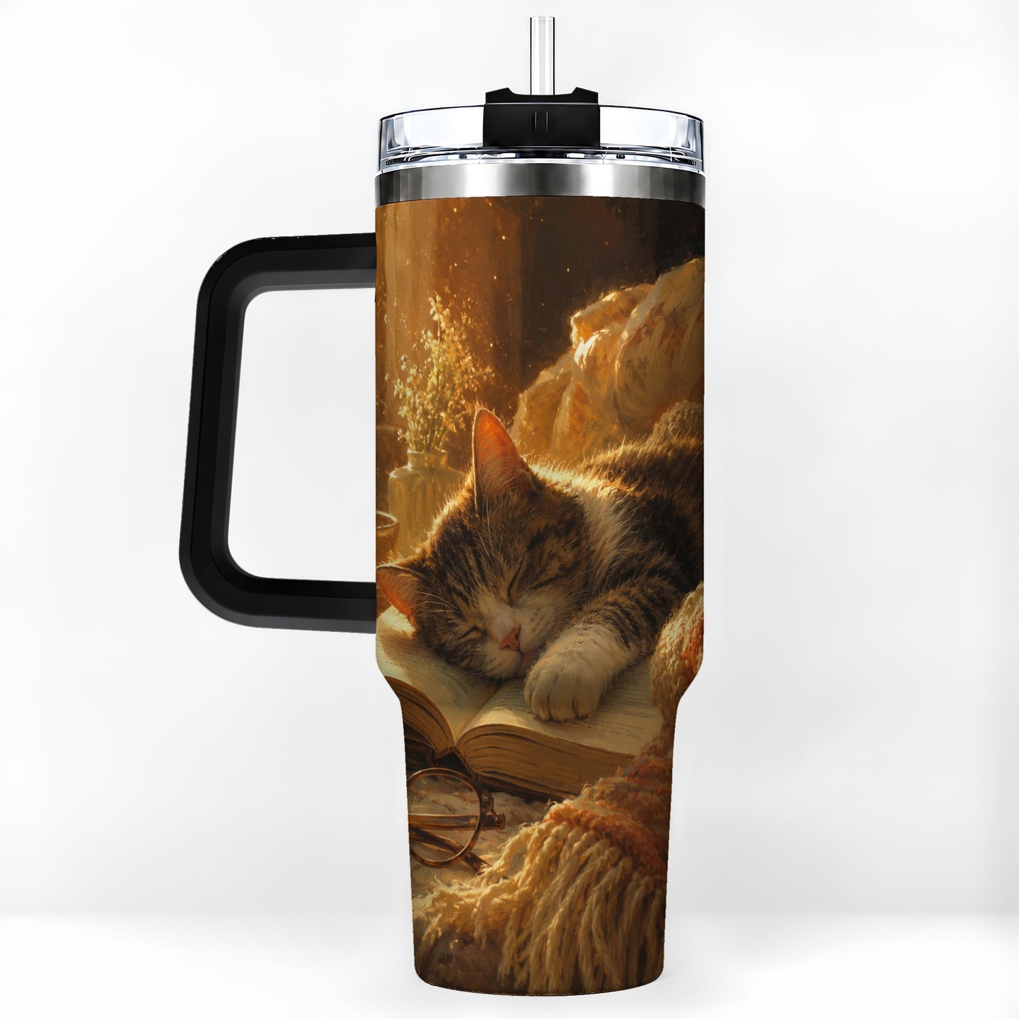 #pl[40oz|Black] Sleeping Cat Book 40oz Tumbler with Handle, Cozy Reading Art