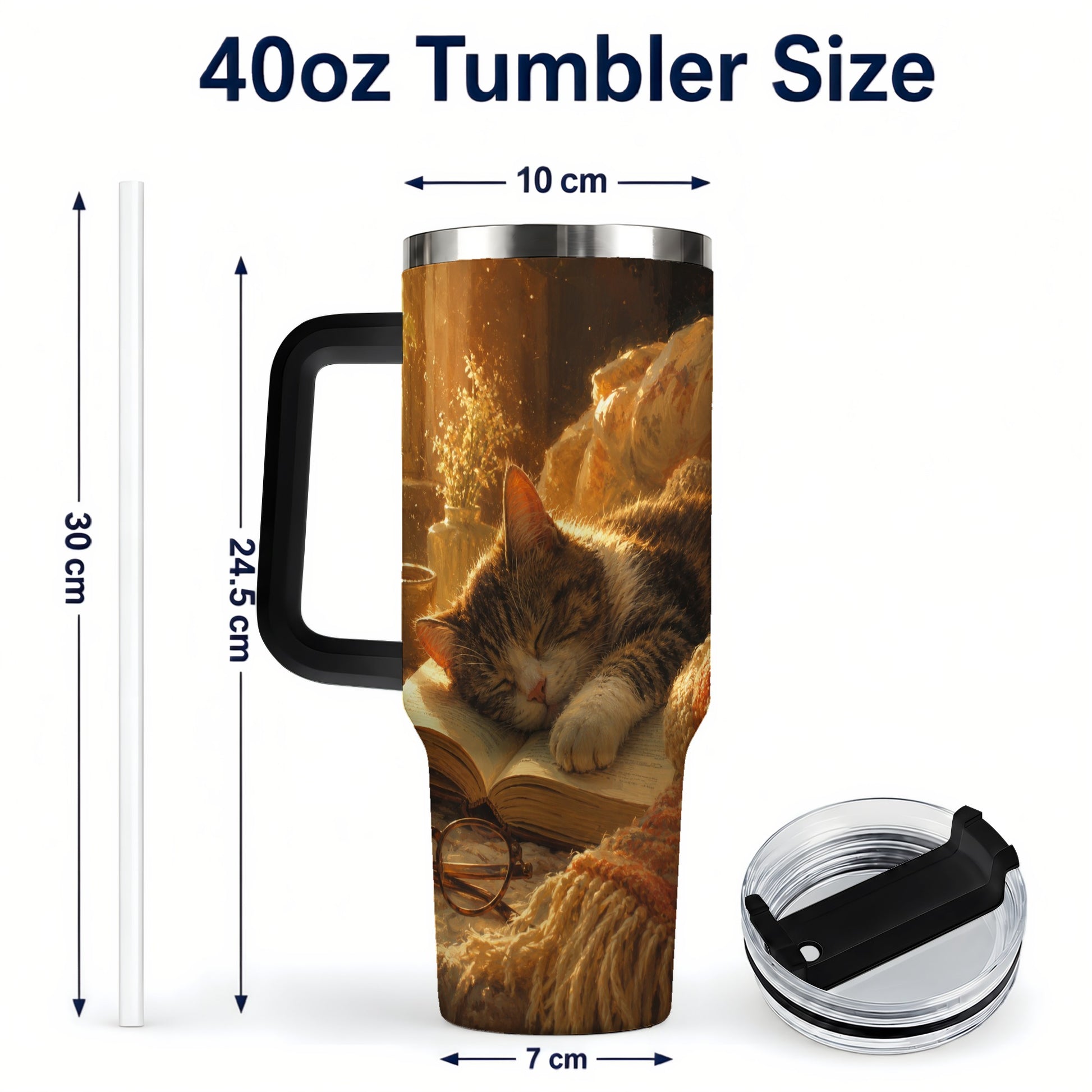 #pl[40oz|Black] Sleeping Cat Book 40oz Tumbler with Handle, Cozy Reading Art