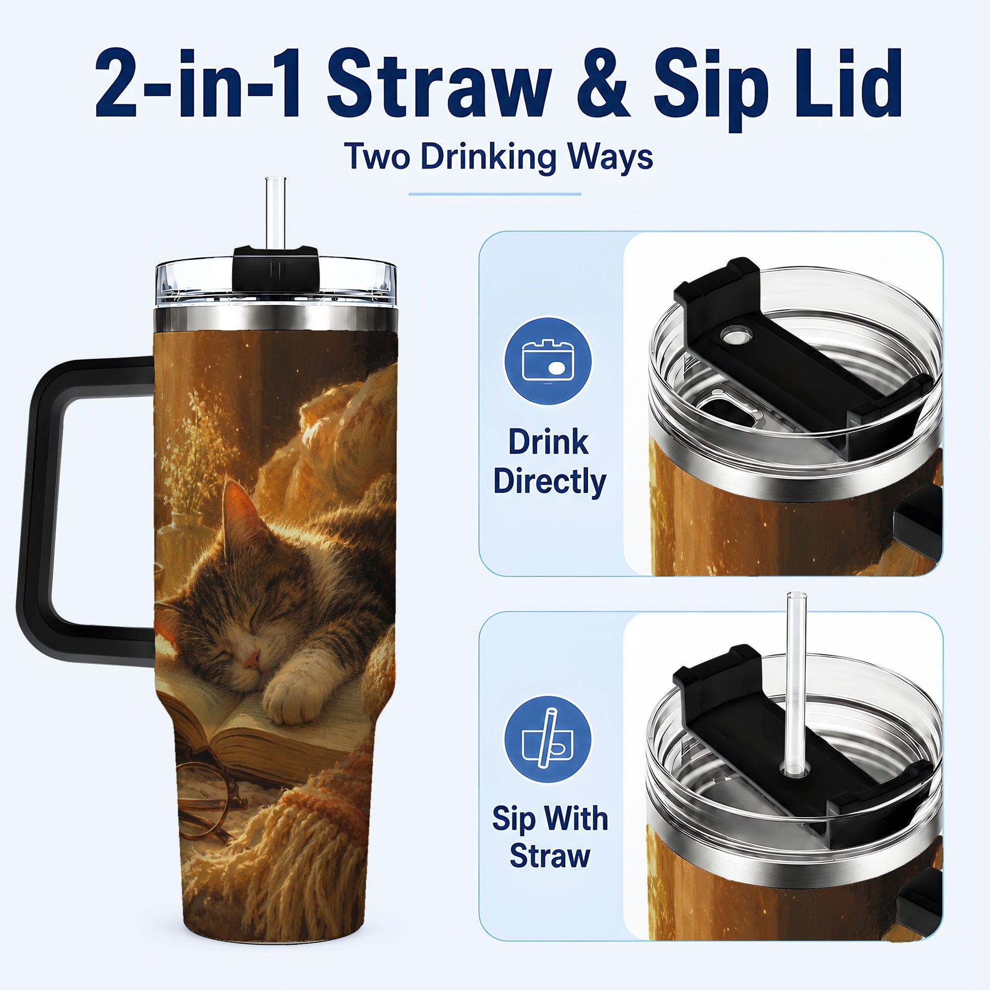 #pl[40oz|Black] Sleeping Cat Book 40oz Tumbler with Handle, Cozy Reading Art
