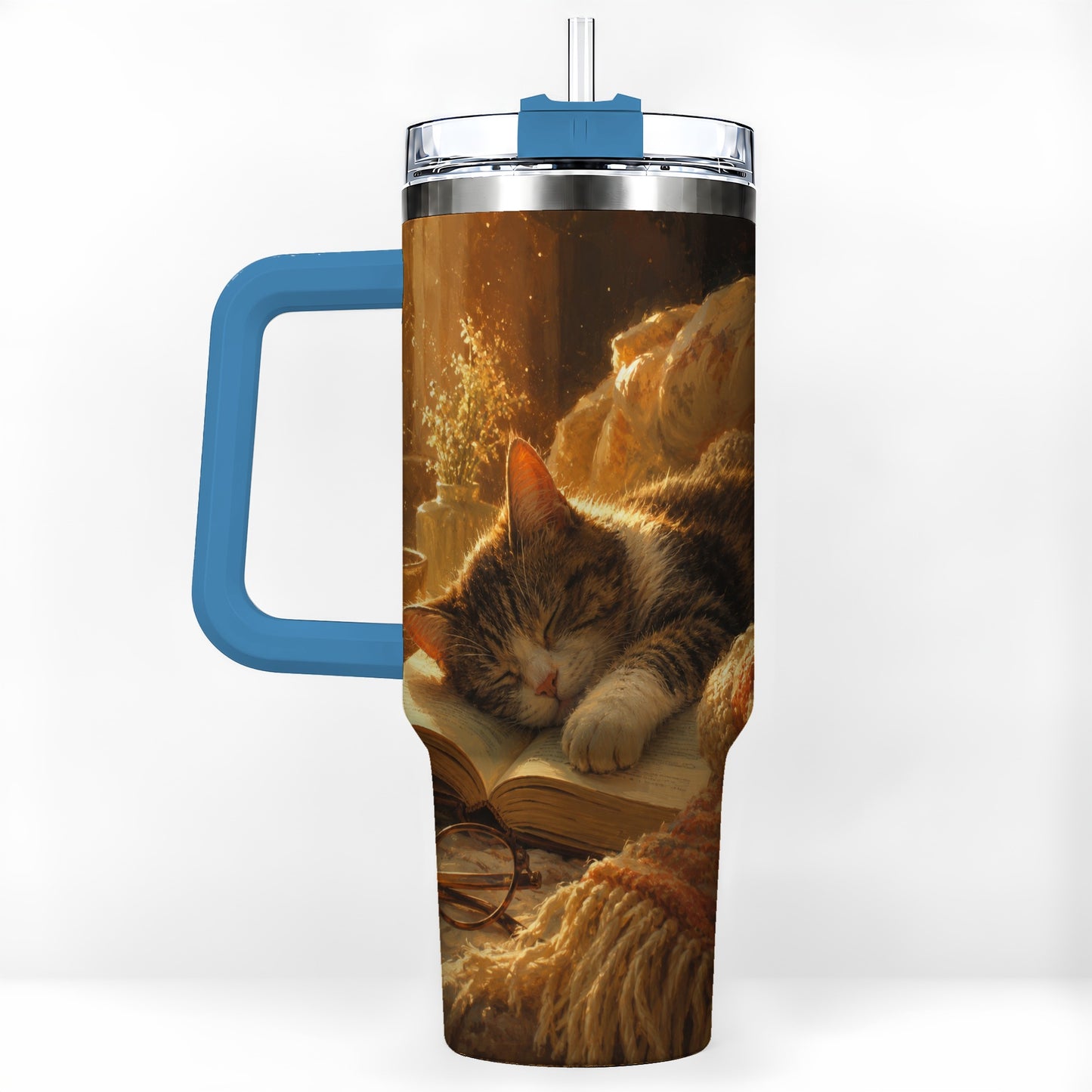 #pl[40oz|Blue] Sleeping Cat Book 40oz Tumbler with Handle, Cozy Reading Art