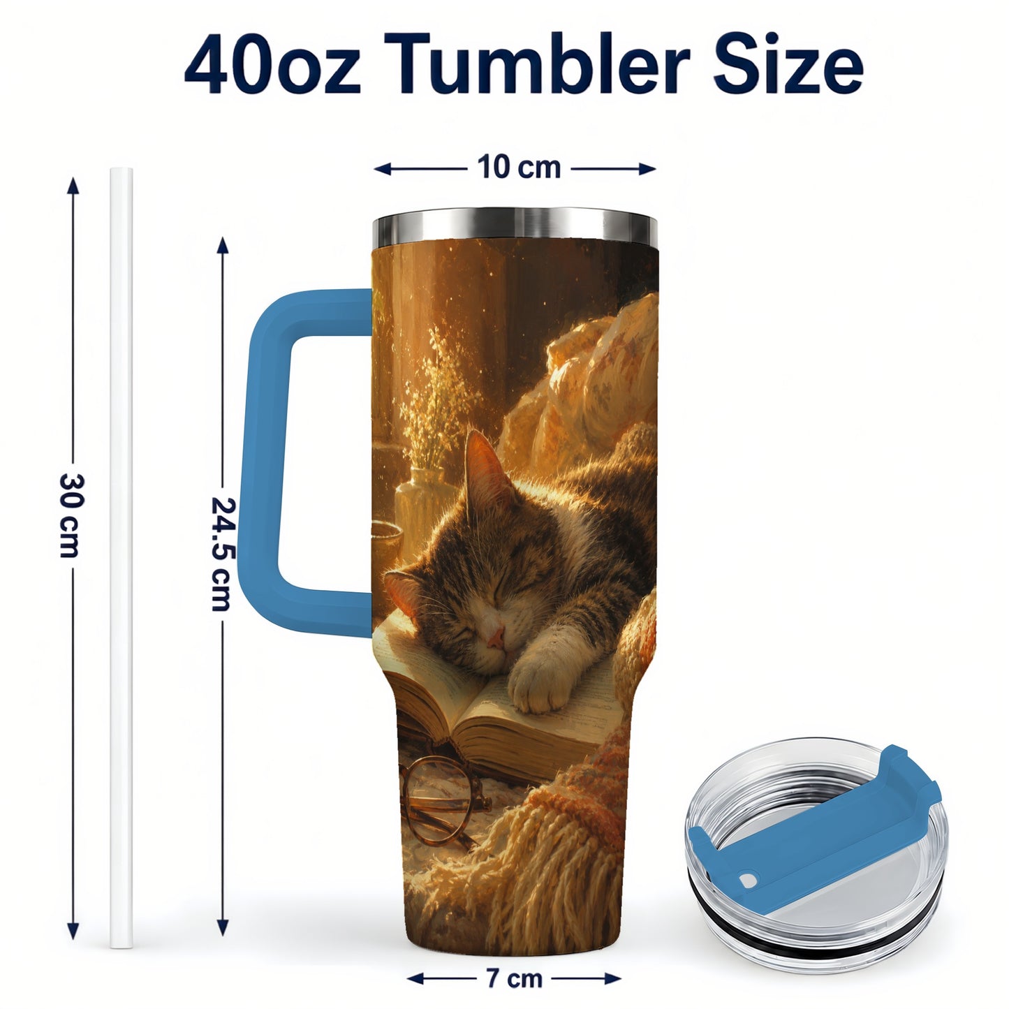#pl[40oz|Blue] Sleeping Cat Book 40oz Tumbler with Handle, Cozy Reading Art