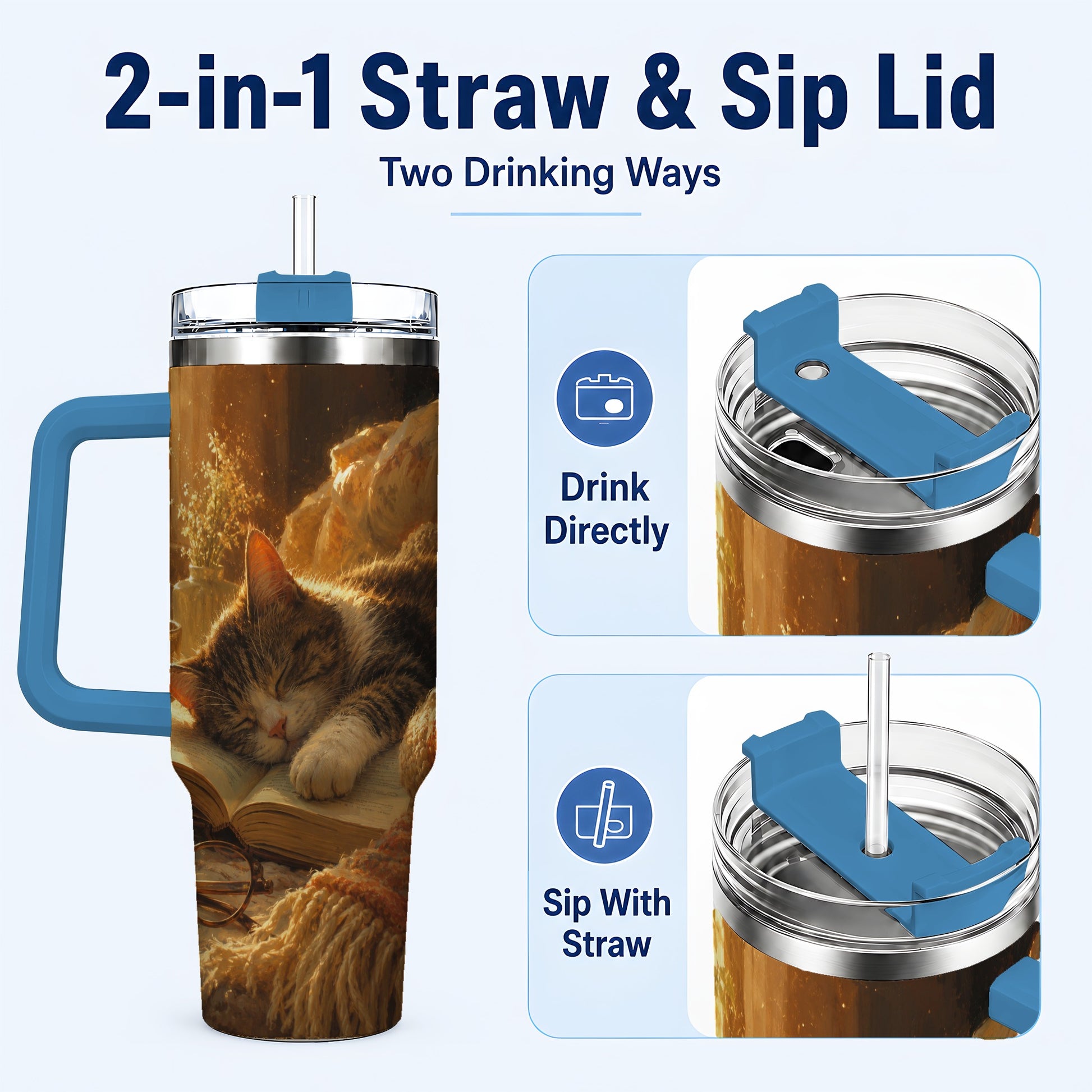 #pl[40oz|Blue] Sleeping Cat Book 40oz Tumbler with Handle, Cozy Reading Art