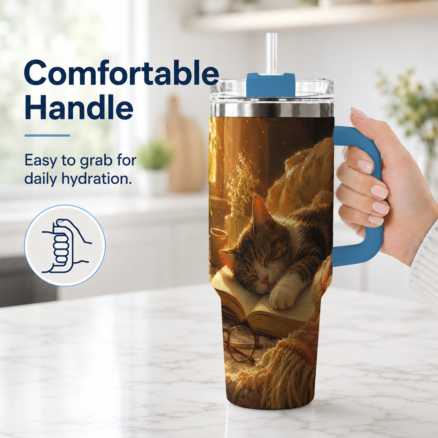 #pl[40oz|Blue] Sleeping Cat Book 40oz Tumbler with Handle, Cozy Reading Art