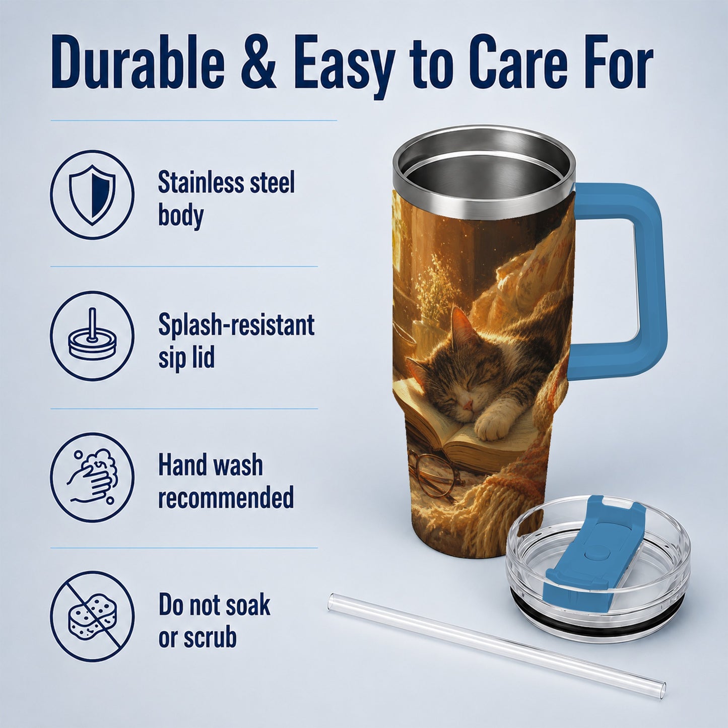 #pl[40oz|Blue] Sleeping Cat Book 40oz Tumbler with Handle, Cozy Reading Art