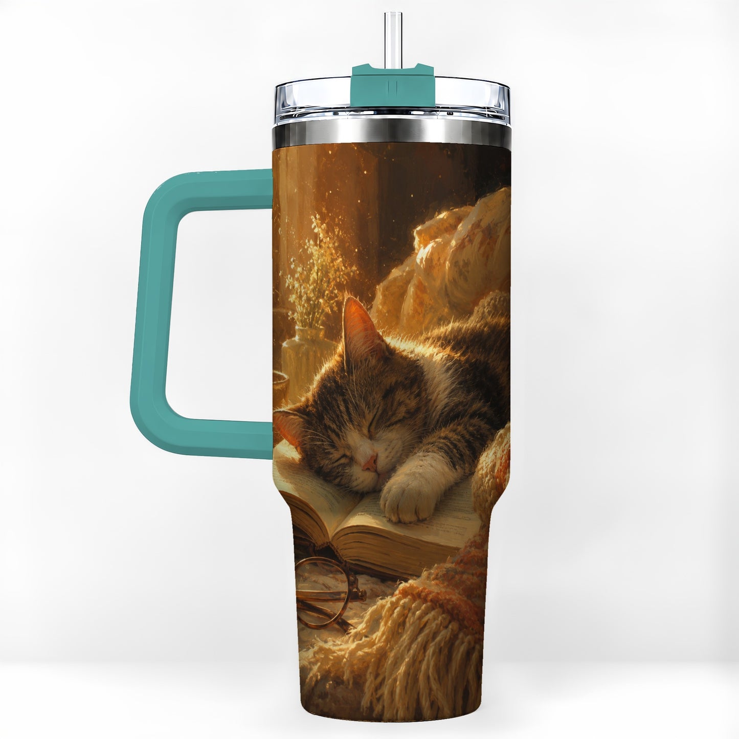 #pl[40oz|Green] Sleeping Cat Book 40oz Tumbler with Handle, Cozy Reading Art