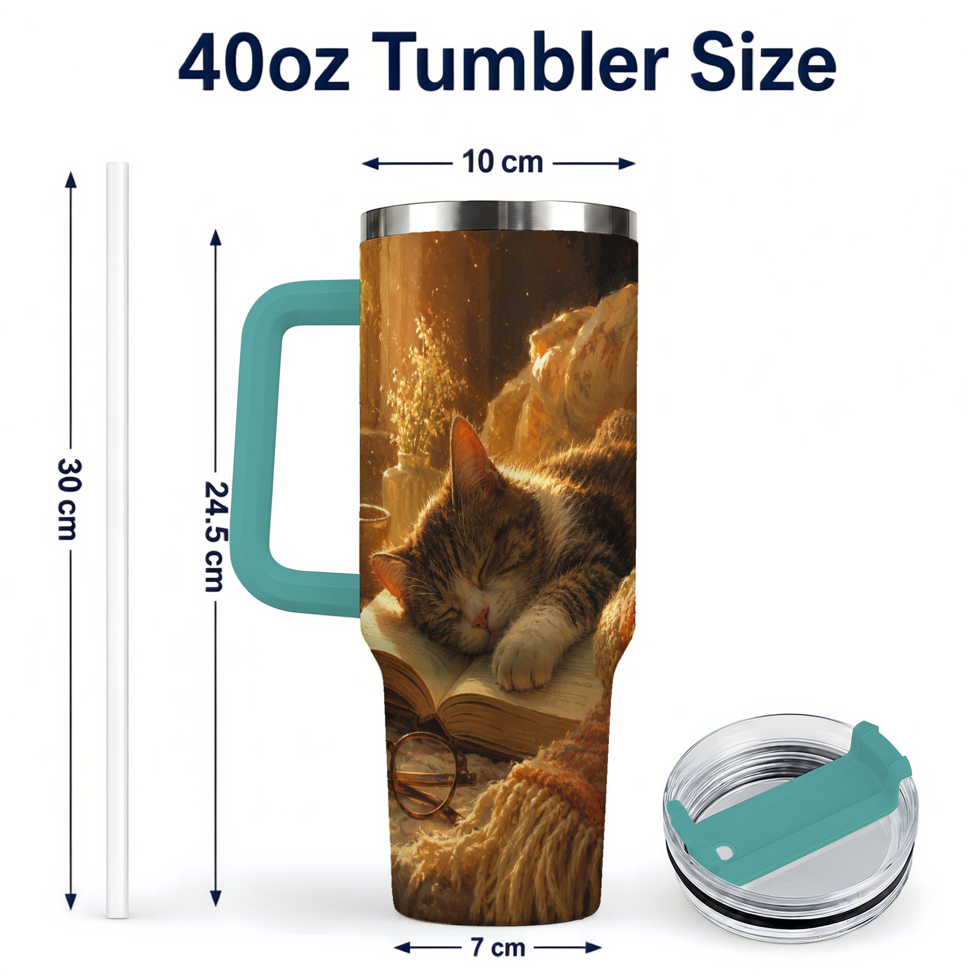 #pl[40oz|Green] Sleeping Cat Book 40oz Tumbler with Handle, Cozy Reading Art