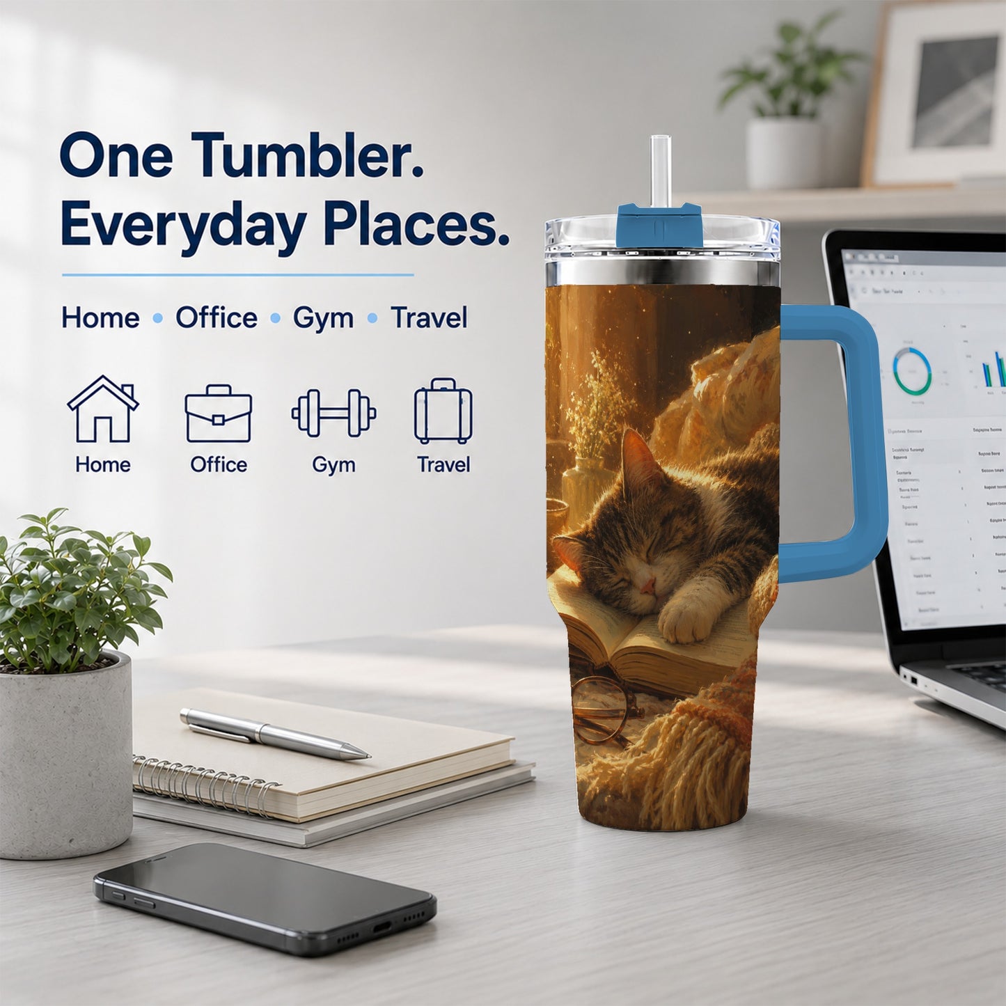 #pl[40oz|Blue] Sleeping Cat Book 40oz Tumbler with Handle, Cozy Reading Art