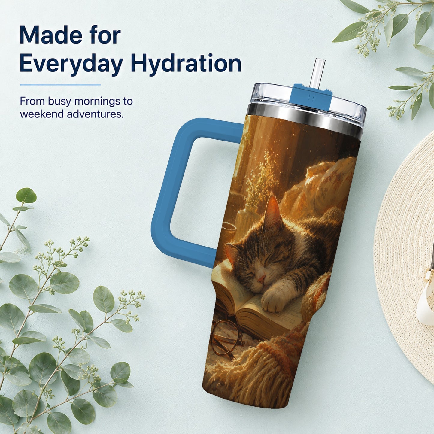 #pl[40oz|Blue] Sleeping Cat Book 40oz Tumbler with Handle, Cozy Reading Art