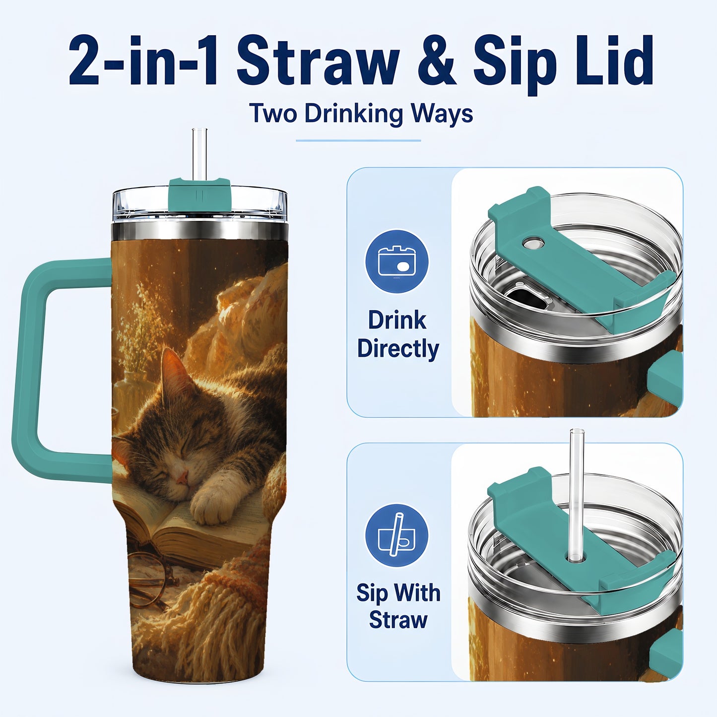 #pl[40oz|Green] Sleeping Cat Book 40oz Tumbler with Handle, Cozy Reading Art