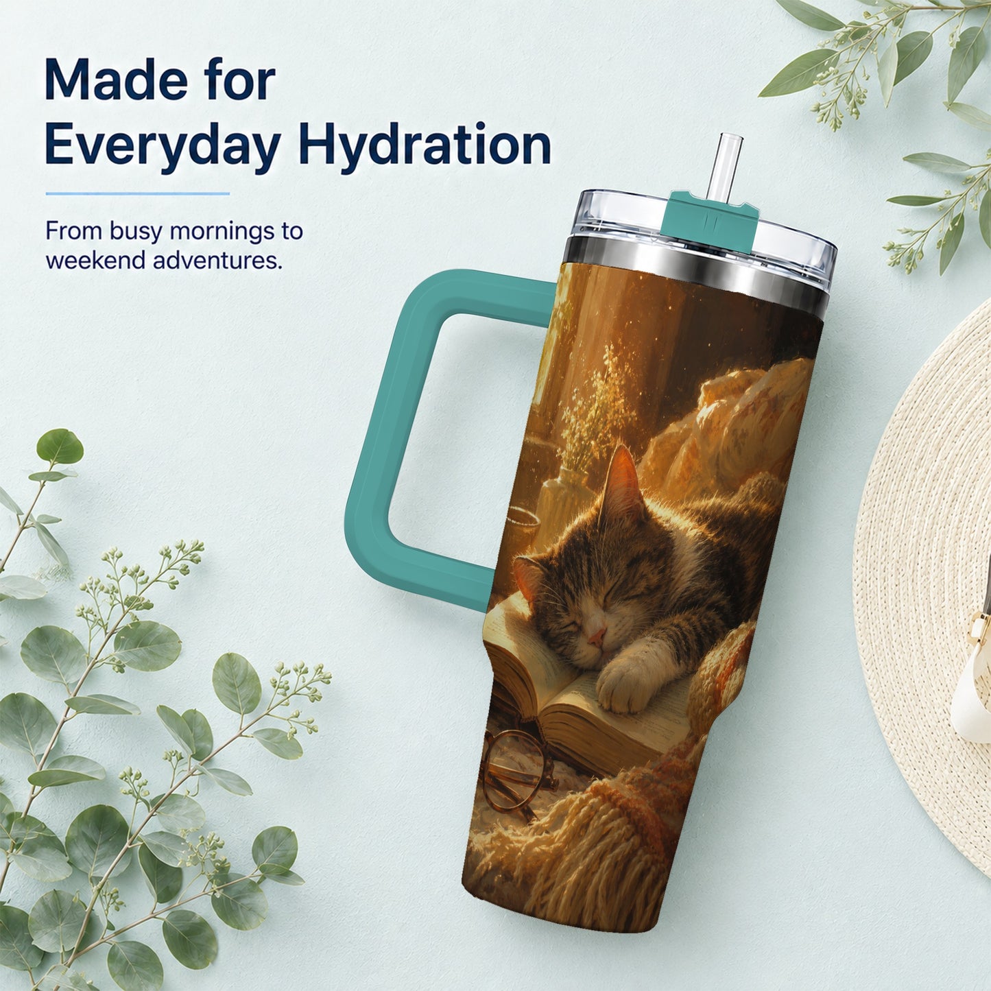 #pl[40oz|Green] Sleeping Cat Book 40oz Tumbler with Handle, Cozy Reading Art