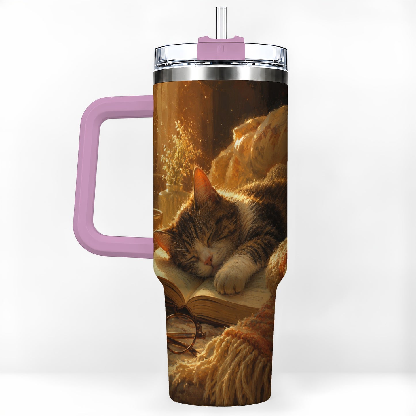 #pl[40oz|Pink] Sleeping Cat Book 40oz Tumbler with Handle, Cozy Reading Art