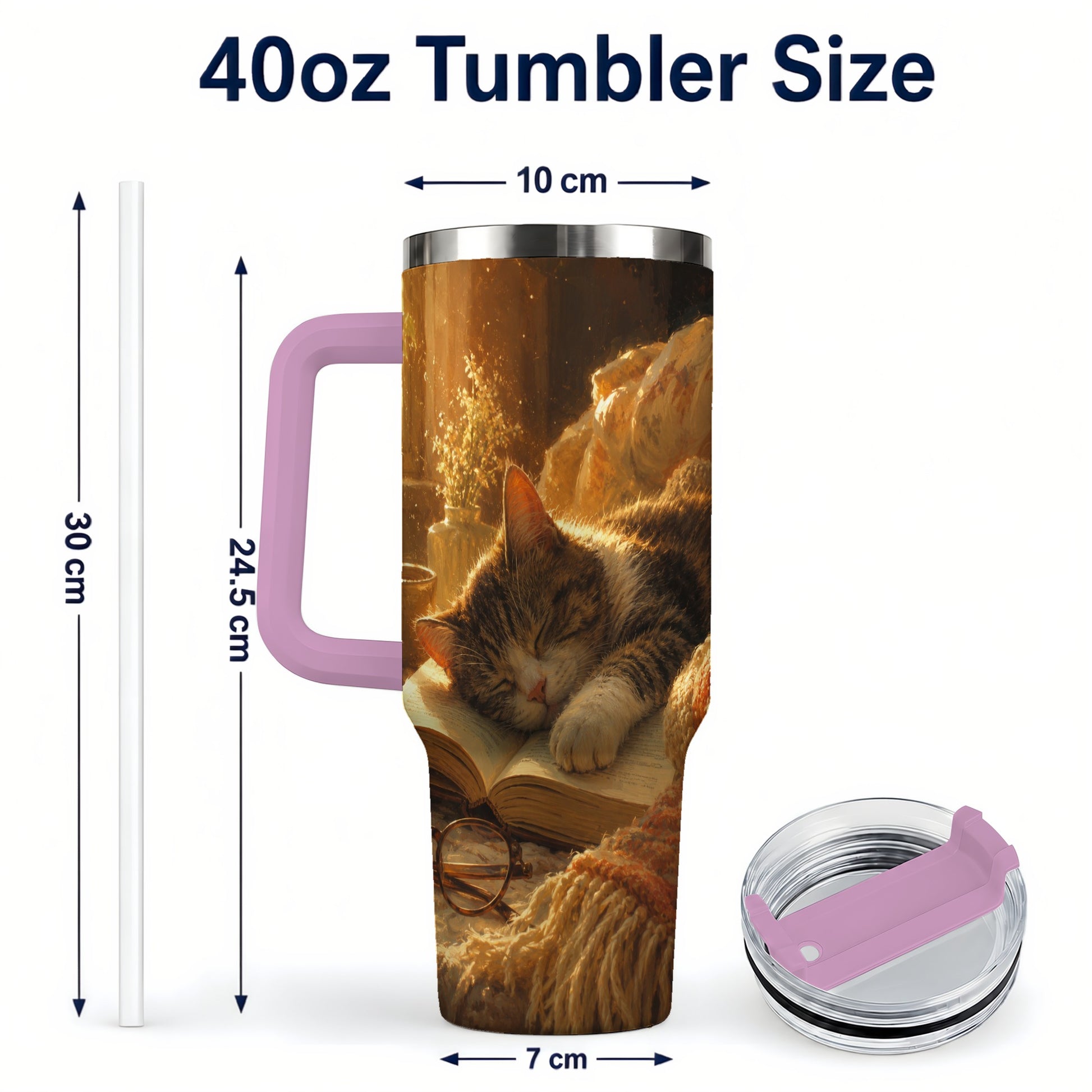 #pl[40oz|Pink] Sleeping Cat Book 40oz Tumbler with Handle, Cozy Reading Art