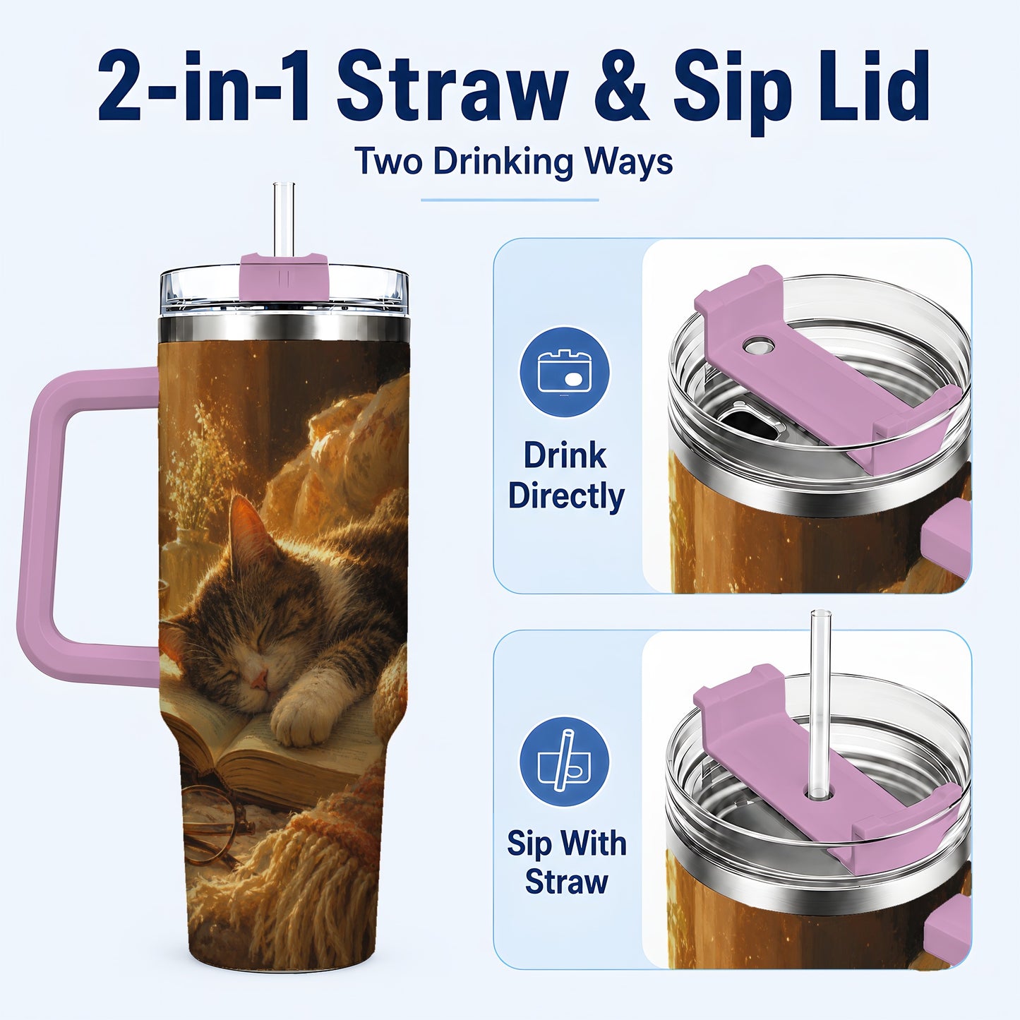 #pl[40oz|Pink] Sleeping Cat Book 40oz Tumbler with Handle, Cozy Reading Art