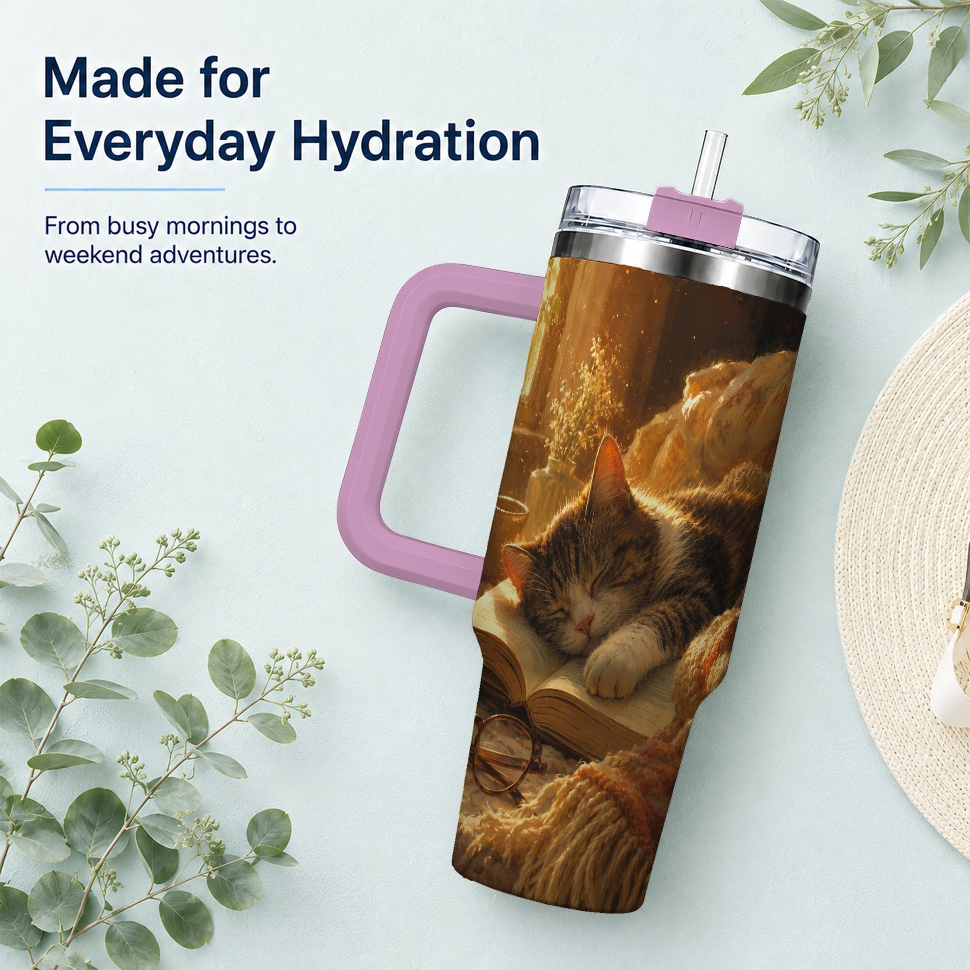 #pl[40oz|Pink] Sleeping Cat Book 40oz Tumbler with Handle, Cozy Reading Art