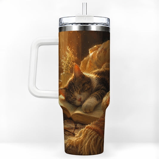 Sleeping Cat Book 40oz Tumbler with Handle, Cozy Reading Art