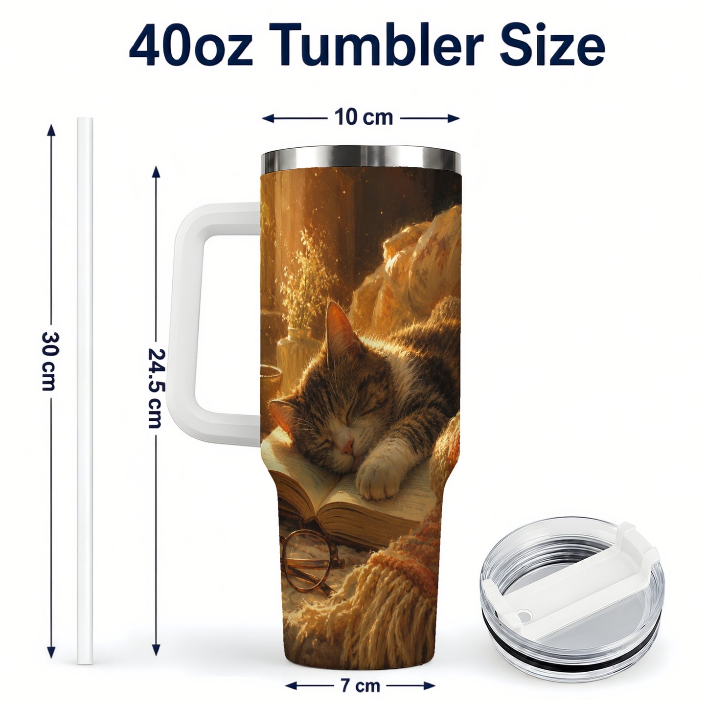 #pl[40oz|White] Sleeping Cat Book 40oz Tumbler with Handle, Cozy Reading Art