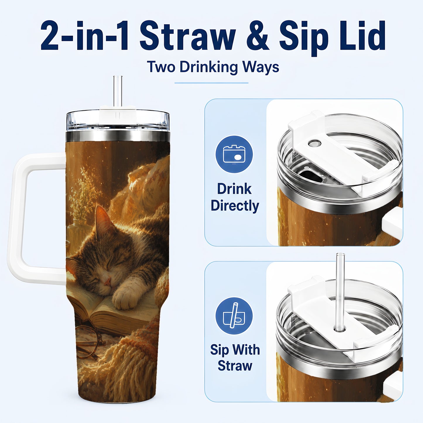 #pl[40oz|White] Sleeping Cat Book 40oz Tumbler with Handle, Cozy Reading Art