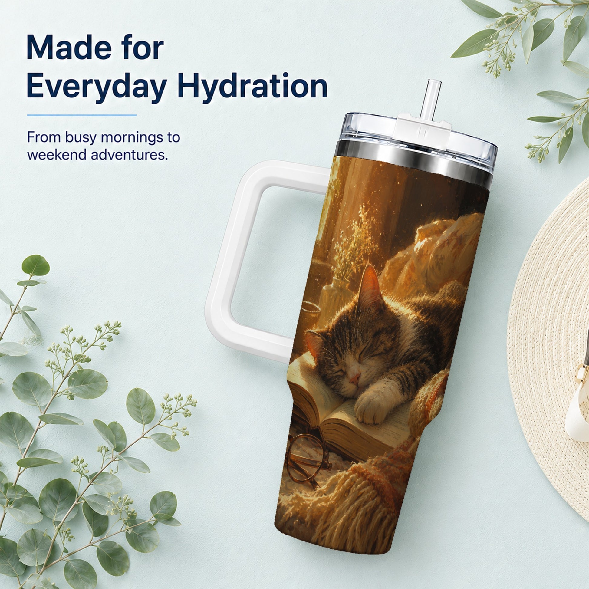 #pl[40oz|White] Sleeping Cat Book 40oz Tumbler with Handle, Cozy Reading Art