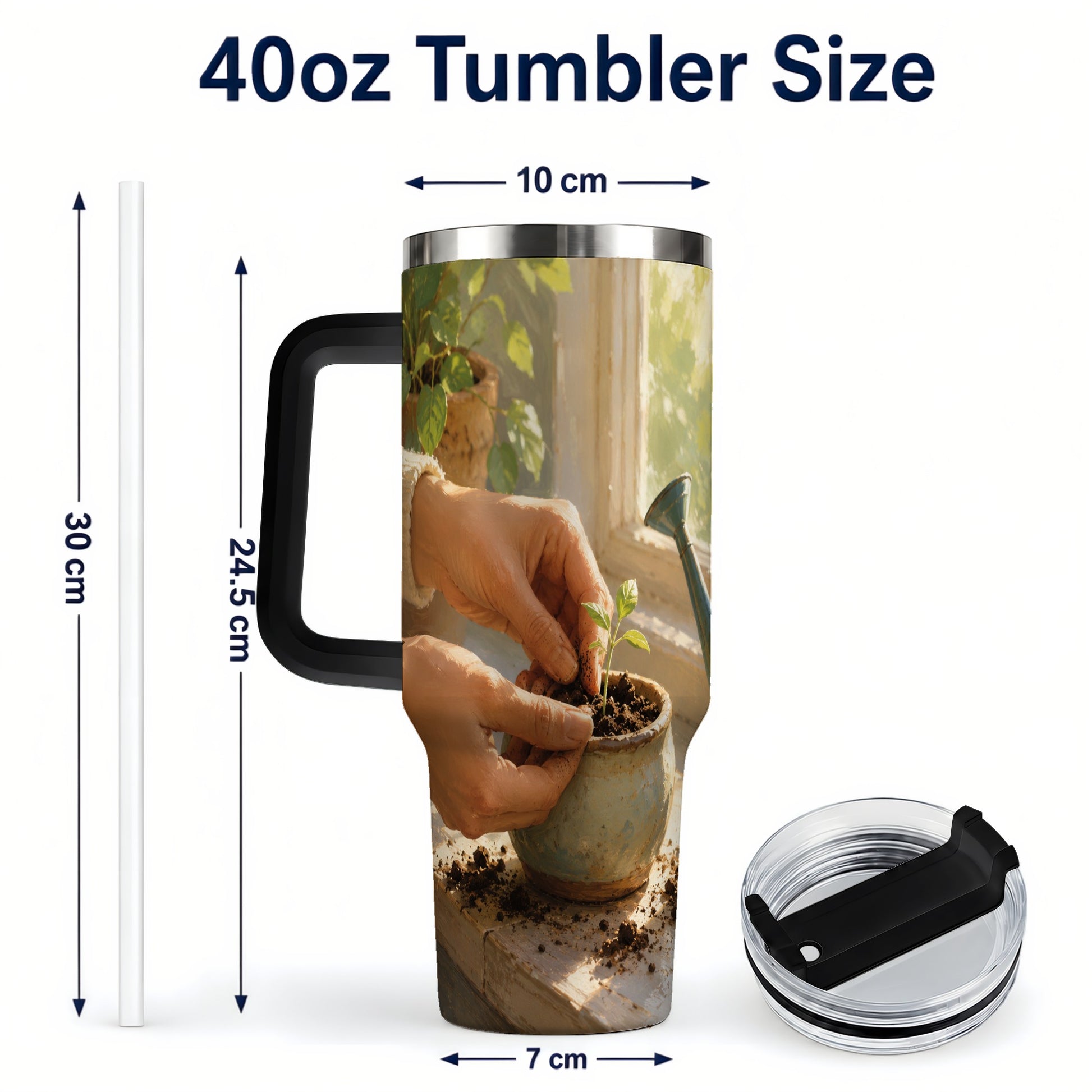 #pl[40oz|Black] Planting Seedling 40oz Tumbler with Handle, Gardening Art
