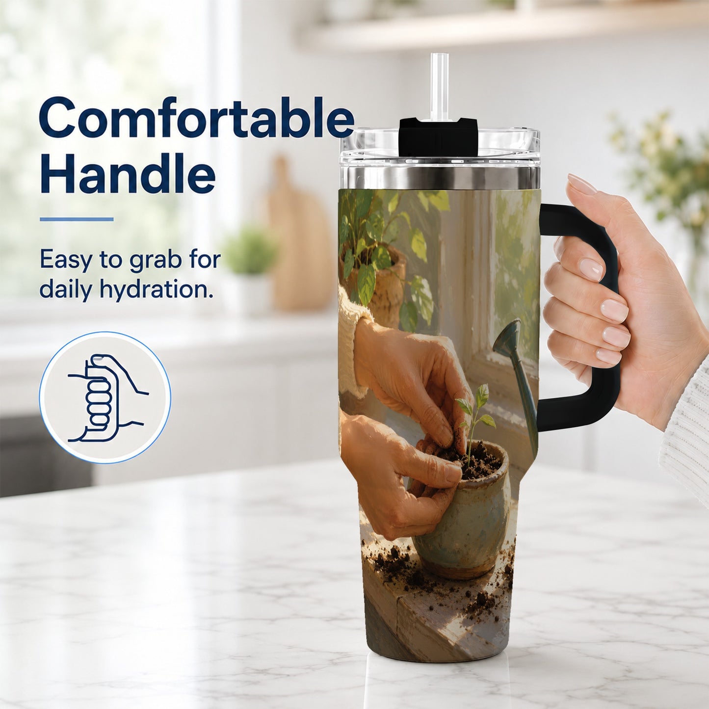 #pl[40oz|Black] Planting Seedling 40oz Tumbler with Handle, Gardening Art