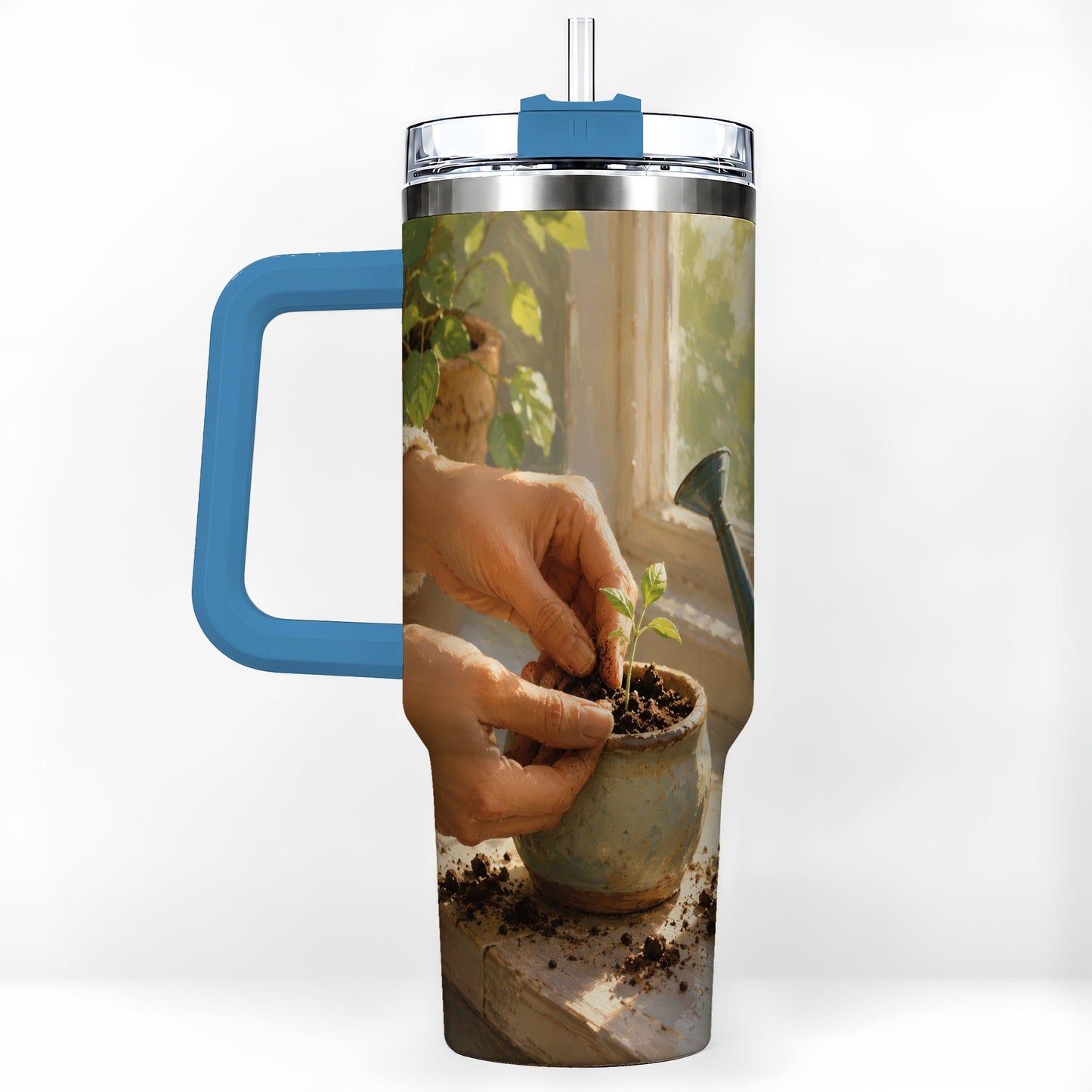 #pl[40oz|Blue] Planting Seedling 40oz Tumbler with Handle, Gardening Art