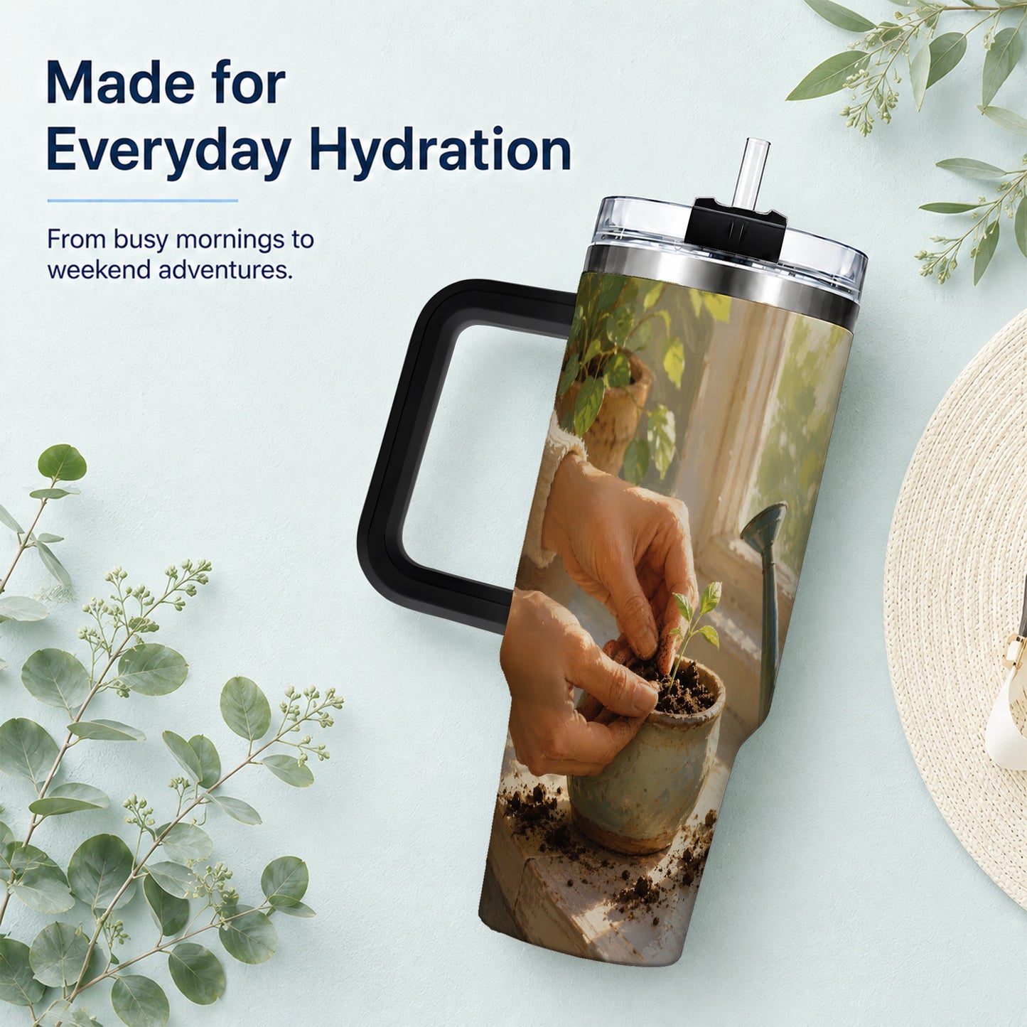 #pl[40oz|Black] Planting Seedling 40oz Tumbler with Handle, Gardening Art