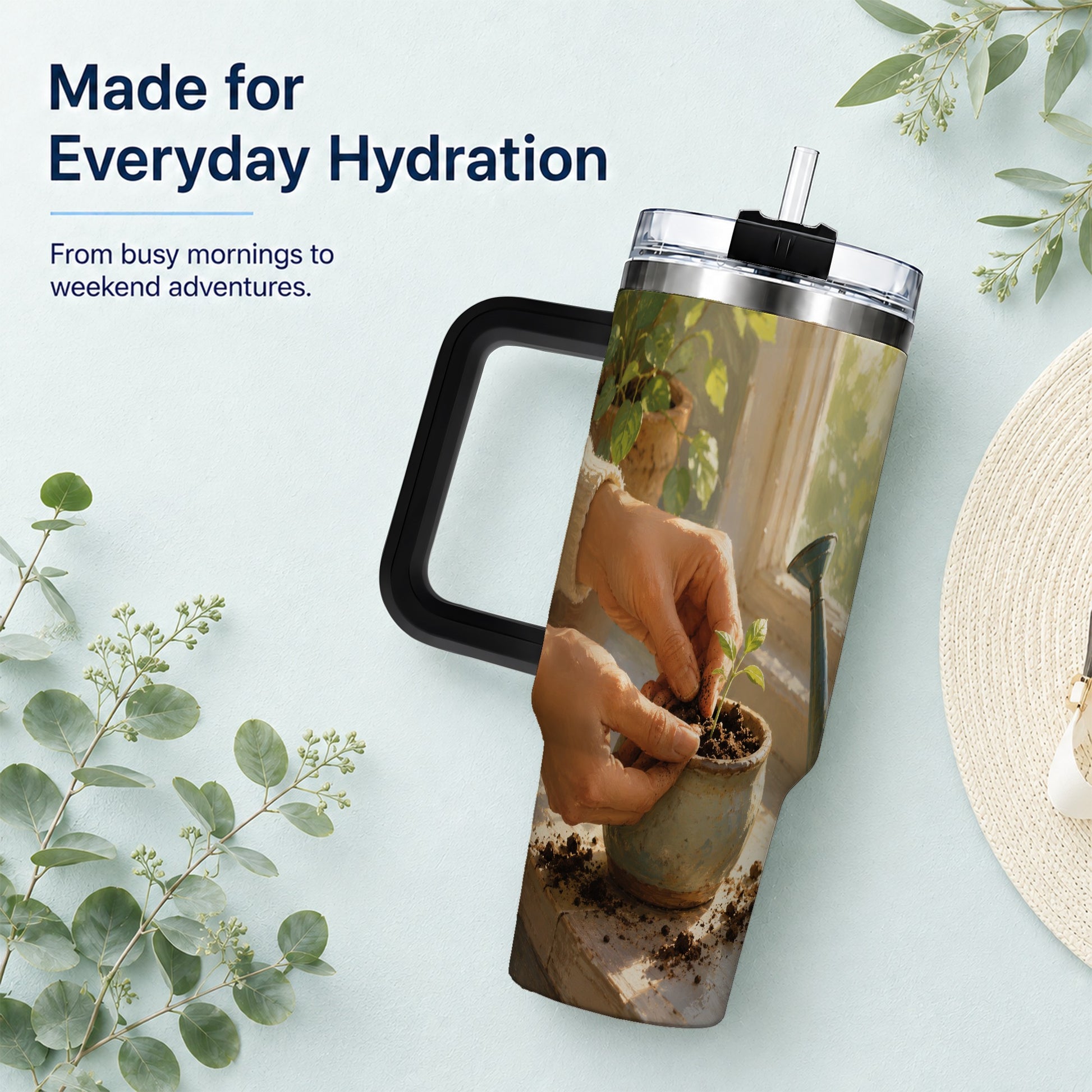 #pl[40oz|Black] Planting Seedling 40oz Tumbler with Handle, Gardening Art